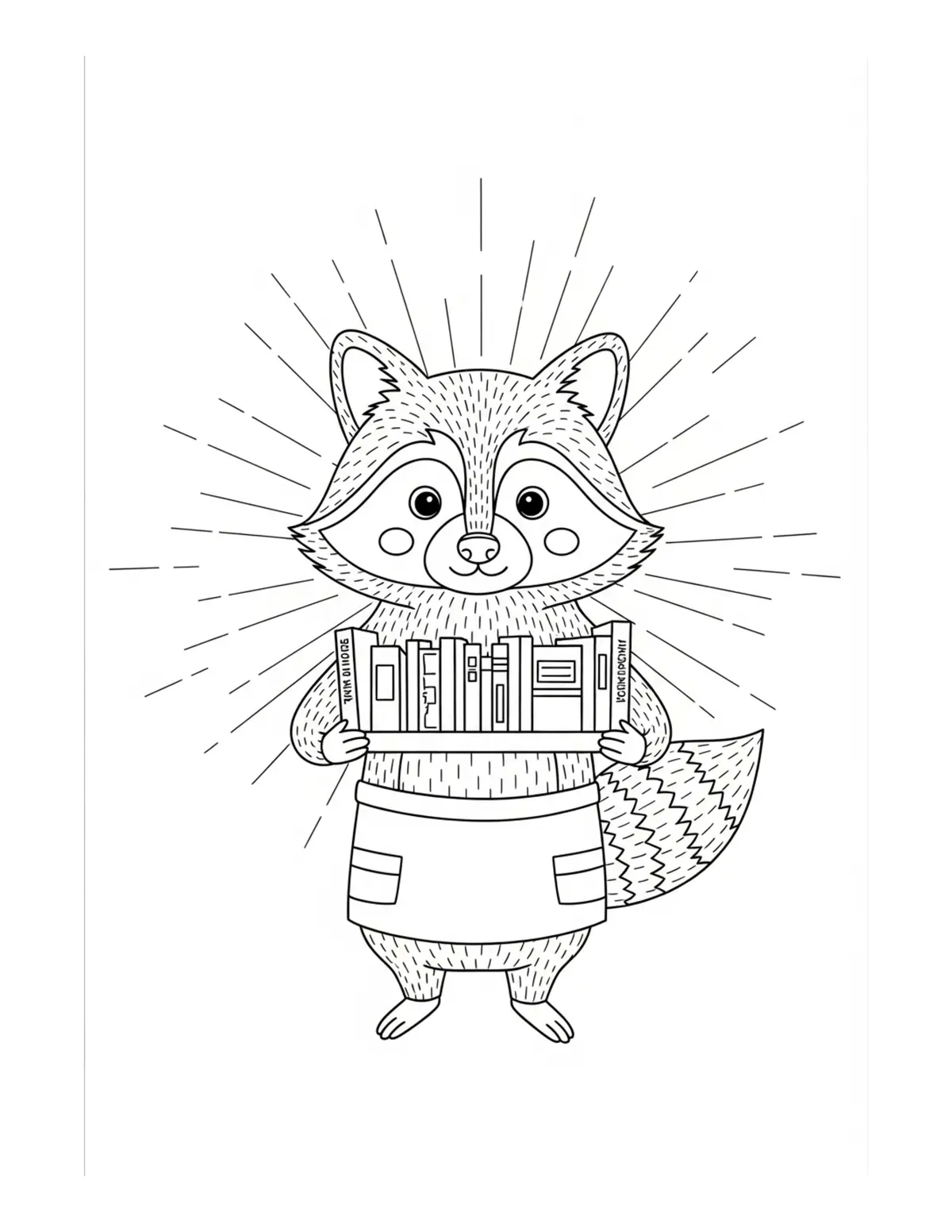 Free printable coloring page: raccoon bookstore owner coloring page. Cute and cozy design for kids and adults to download and print.