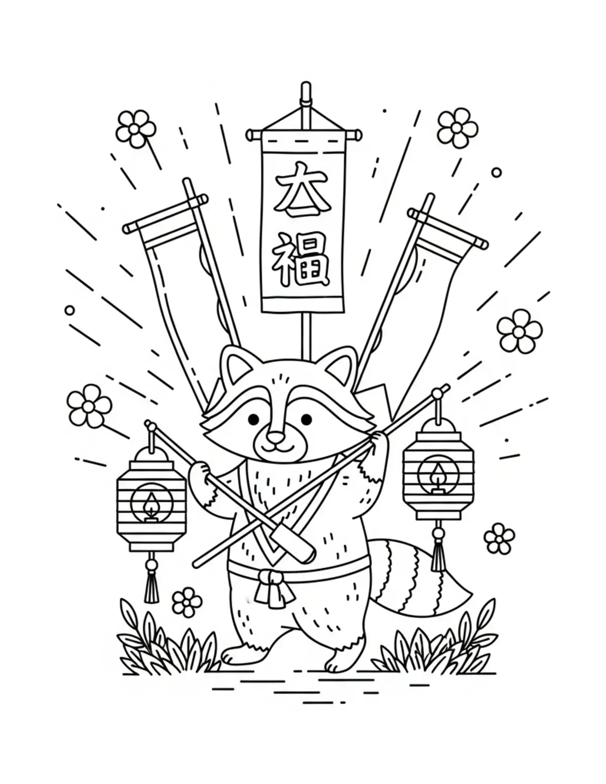 Free printable coloring page: cute raccoon carrying lanterns coloring page. Cute and cozy animal design for kids and adults to download and print.