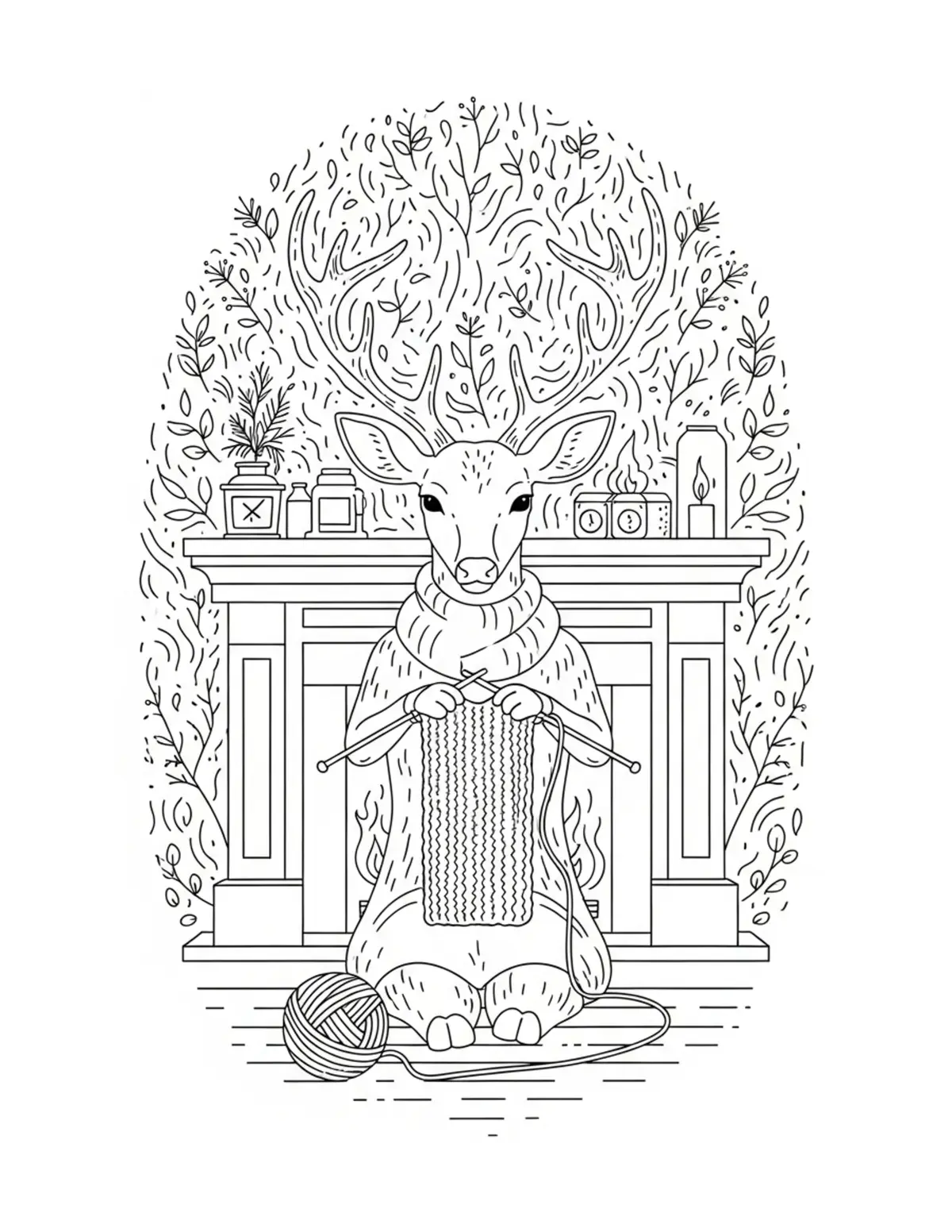 Free printable coloring page: deer knitting by fireplace coloring page. Cute and cozy deer cottage design for kids and adults to download and print.