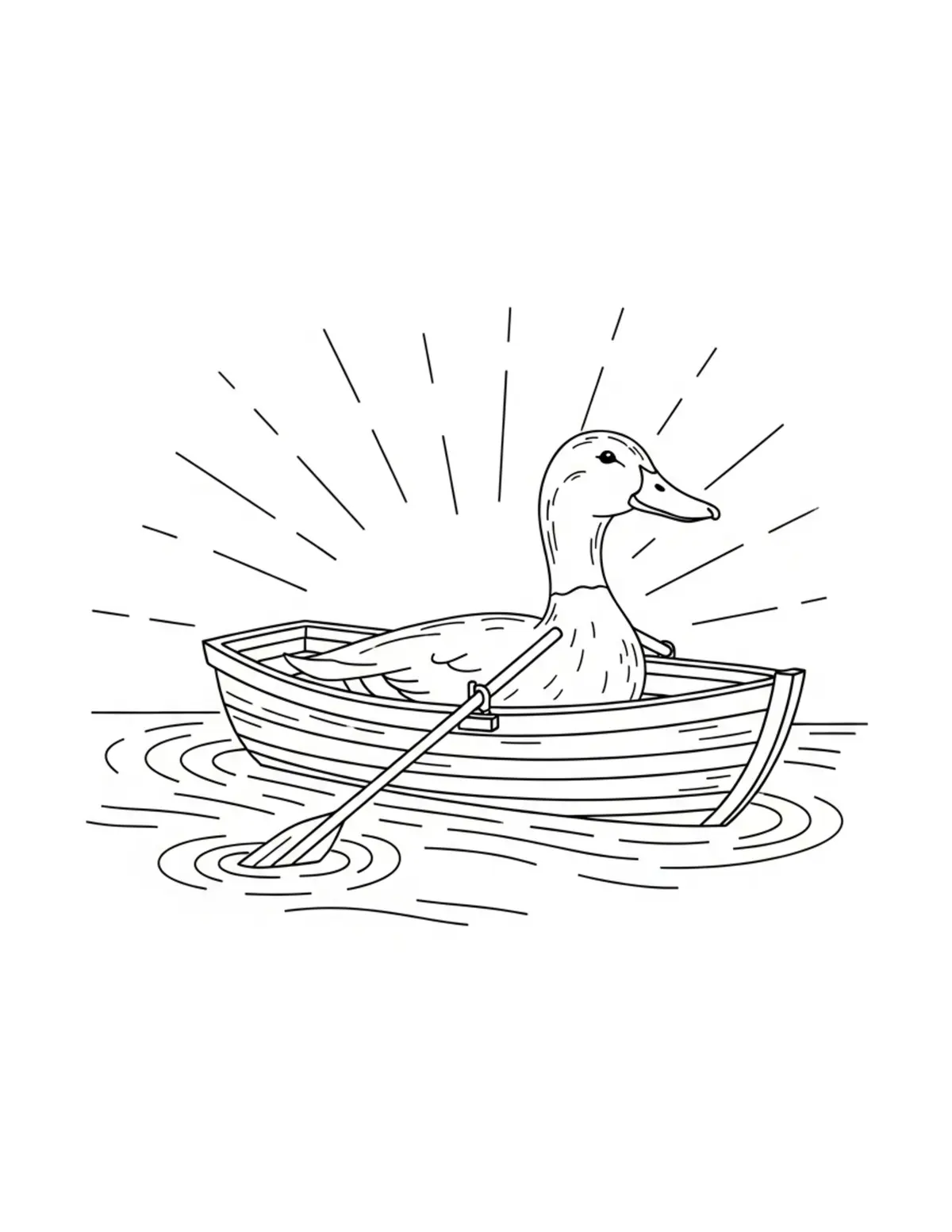 Duck Rowing Small Wooden Boat Coloring Page - free printable JPG featuring adorable duck scenes