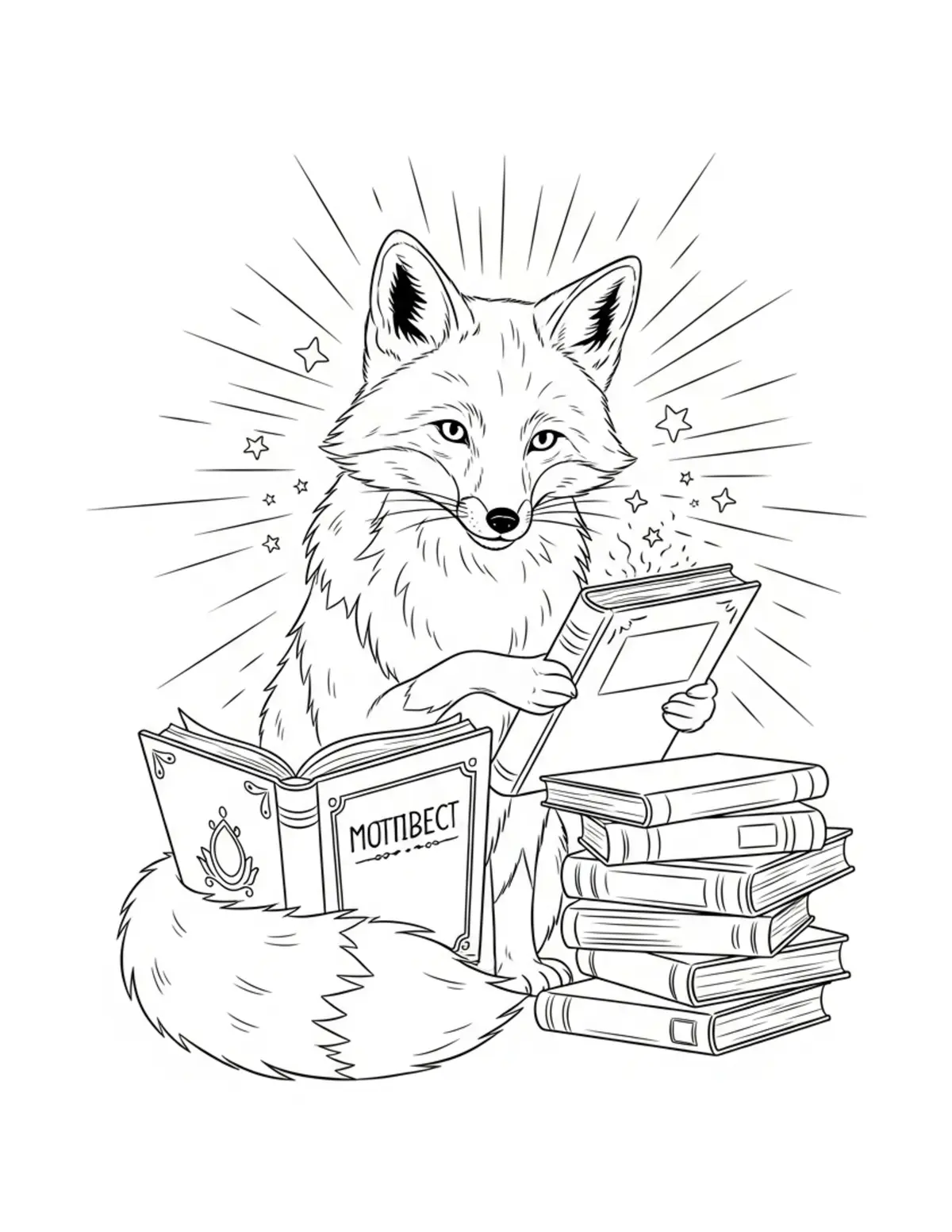 Free printable coloring page: fox browsing magical books coloring page. Cute and cozy bookstore and reading design for kids and adults to download and print.
