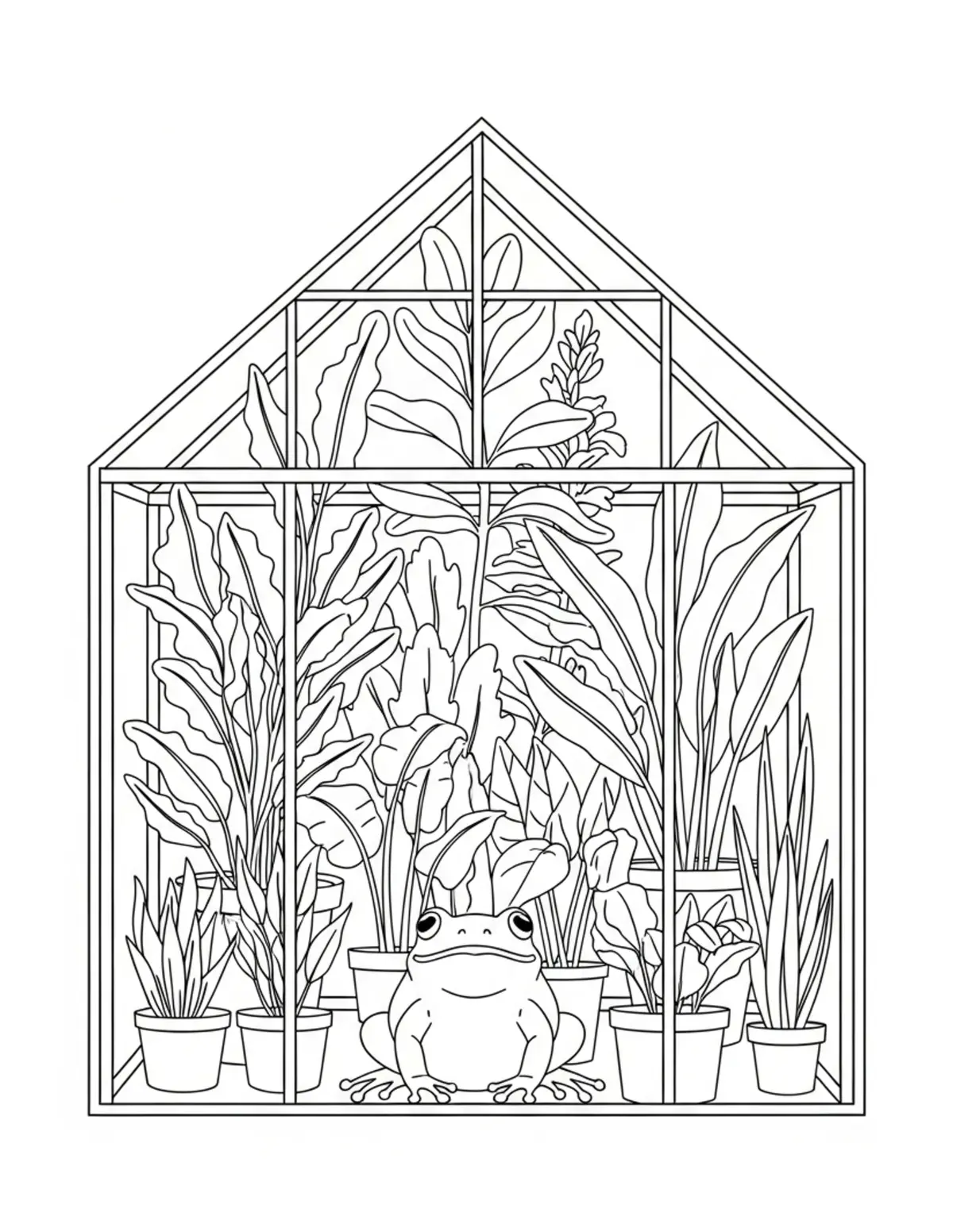 Free printable coloring page: frog greenhouse full of plants coloring page. Cute and cozy design for kids and adults to download and print.