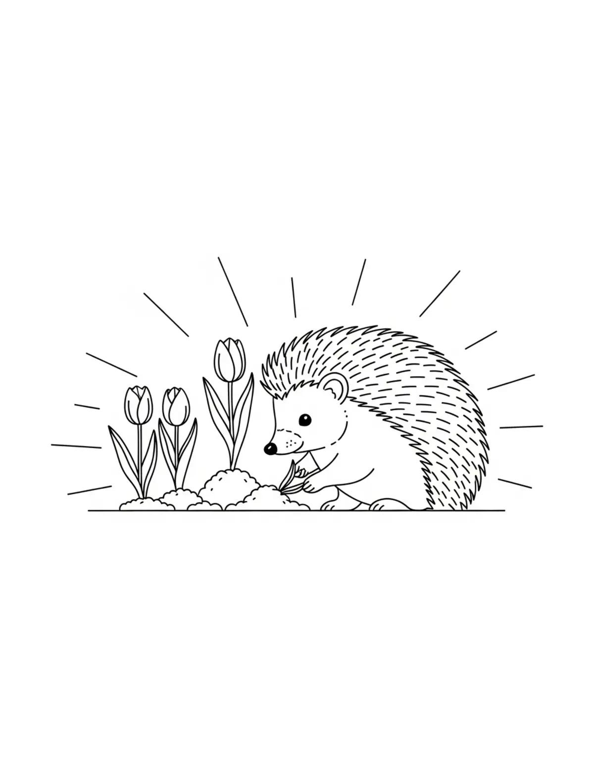 Free printable coloring page: hedgehog planting tulips coloring page. Cute and cozy hedgehog garden design for kids and adults to download and print.