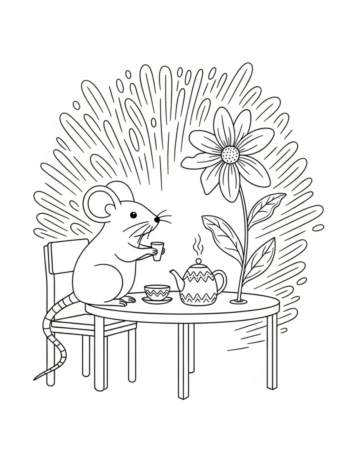 Free printable coloring page: mouse flower tea table coloring page. Cute and cozy mouse tea party design for kids and adults to download and print.