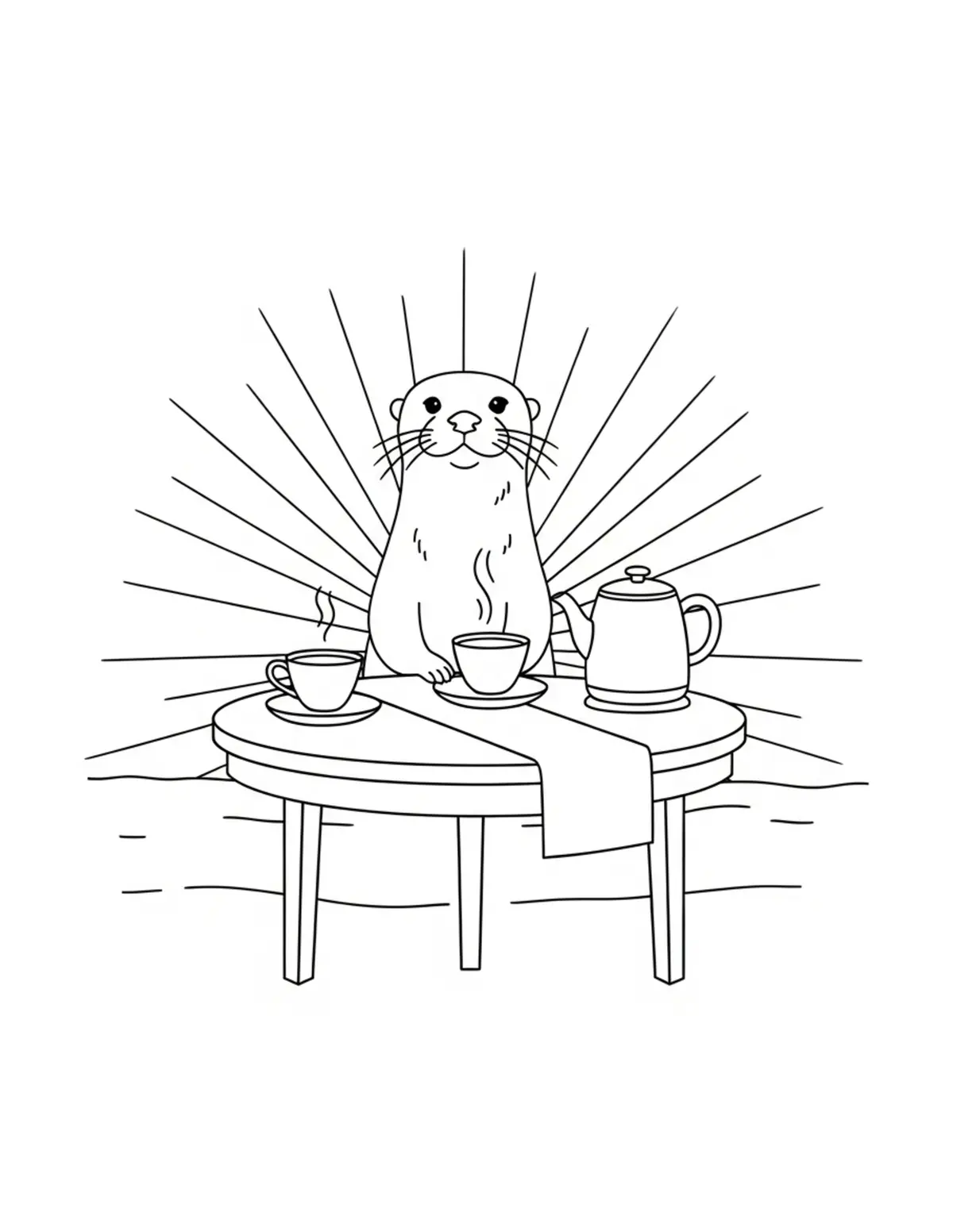 Otter Riverside Tea Table coloring page - free printable JPG featuring adorable otters