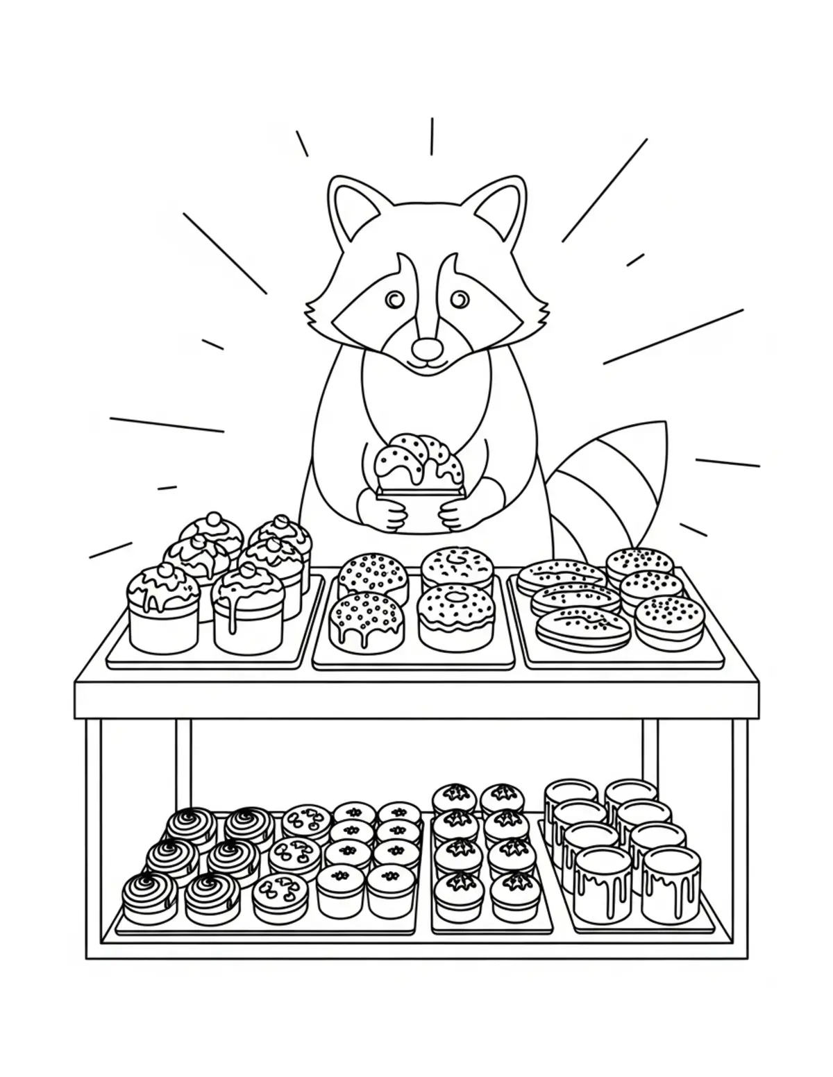 Raccoon Bakery Display coloring page - free printable JPG featuring adorable raccoons at a market