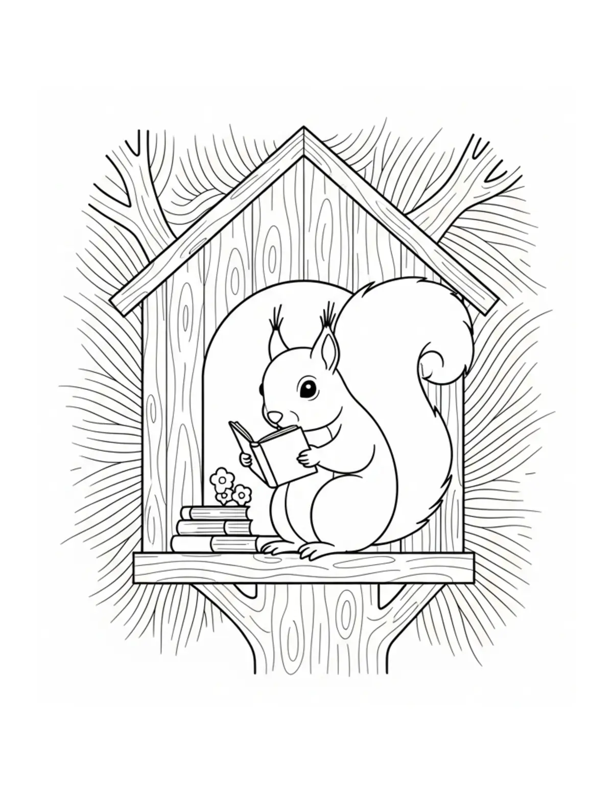 Squirrel Reading in Treehouse coloring page - free printable JPG featuring adorable squirrels in a woodland scene