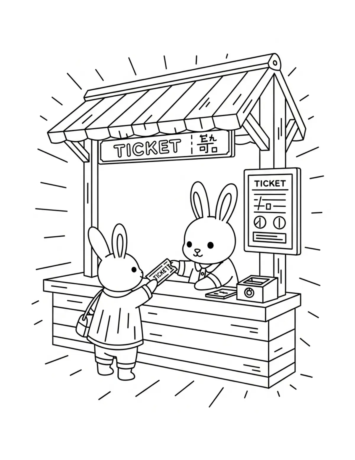 Adorable Bunny Buying A Train  Coloring Page - free printable JPG featuring adorable tiny animal village scene