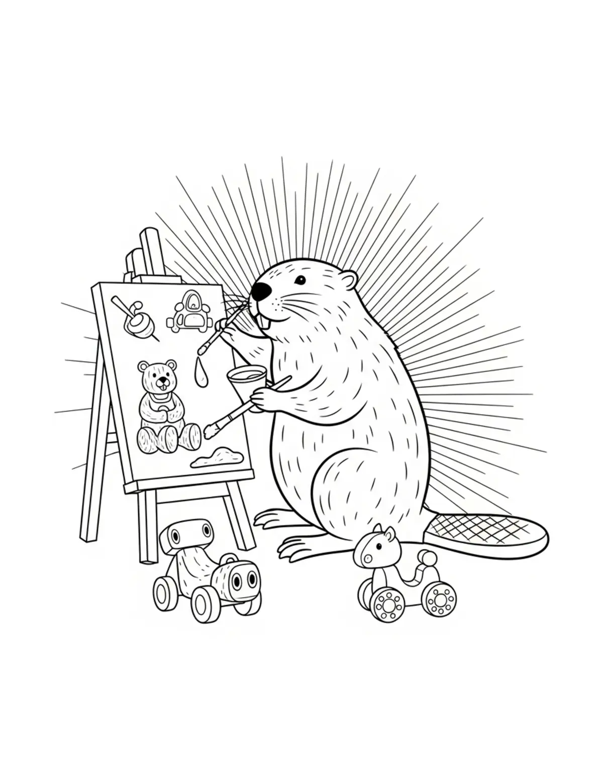 Beaver Painting Handmade Wooden Toys Coloring Page - free printable JPG featuring adorable woodland beaver