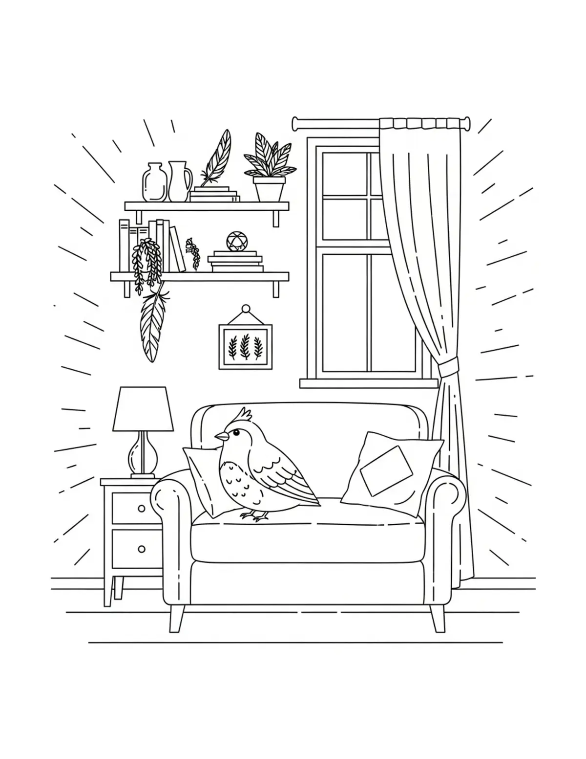 Free printable coloring page: cozy bird feather collection r coloring page. Cute and cozy design for kids and adults to download and print.