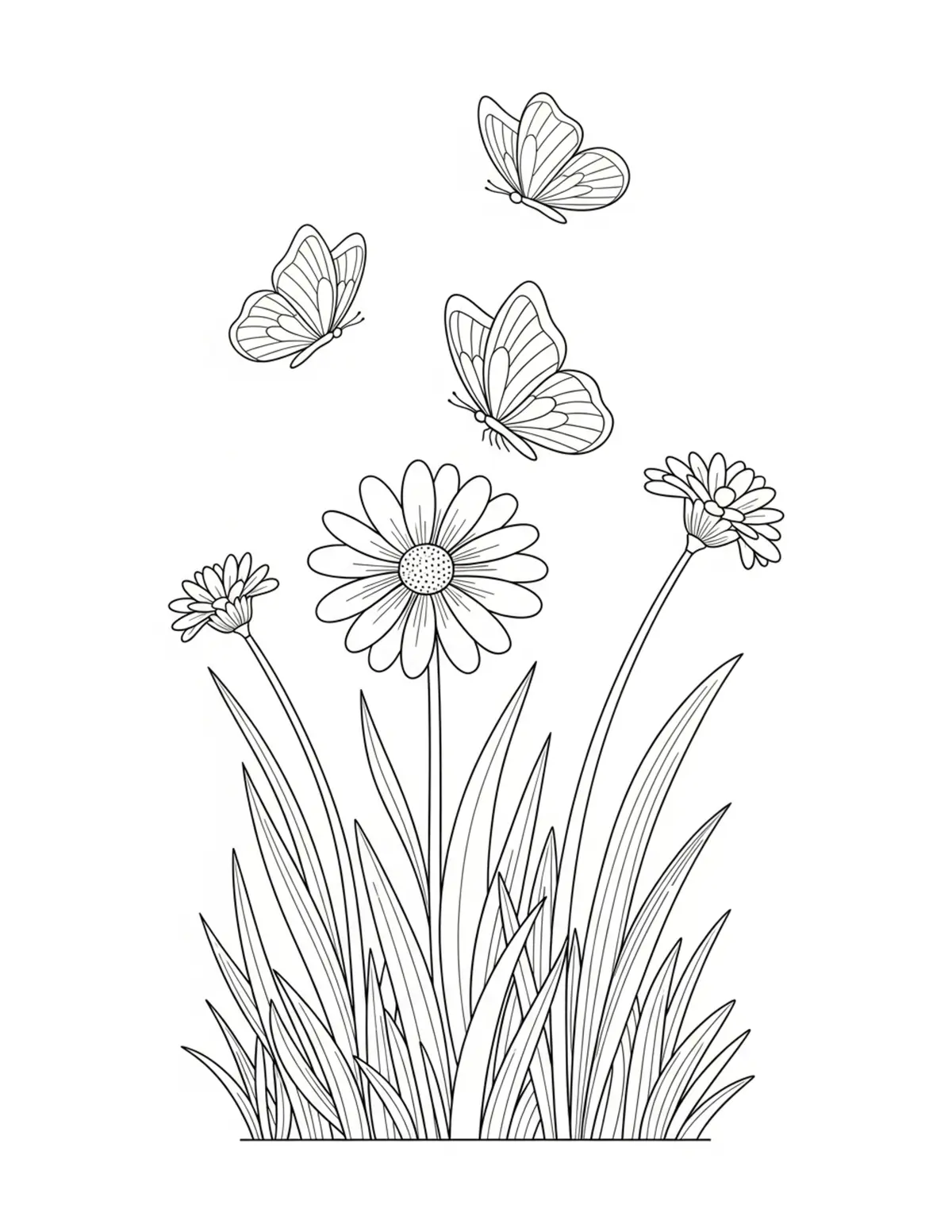 Free printable coloring page: cozy summer butterfly meadow coloring page. Cute and cozy summer design for kids and adults to download and print.