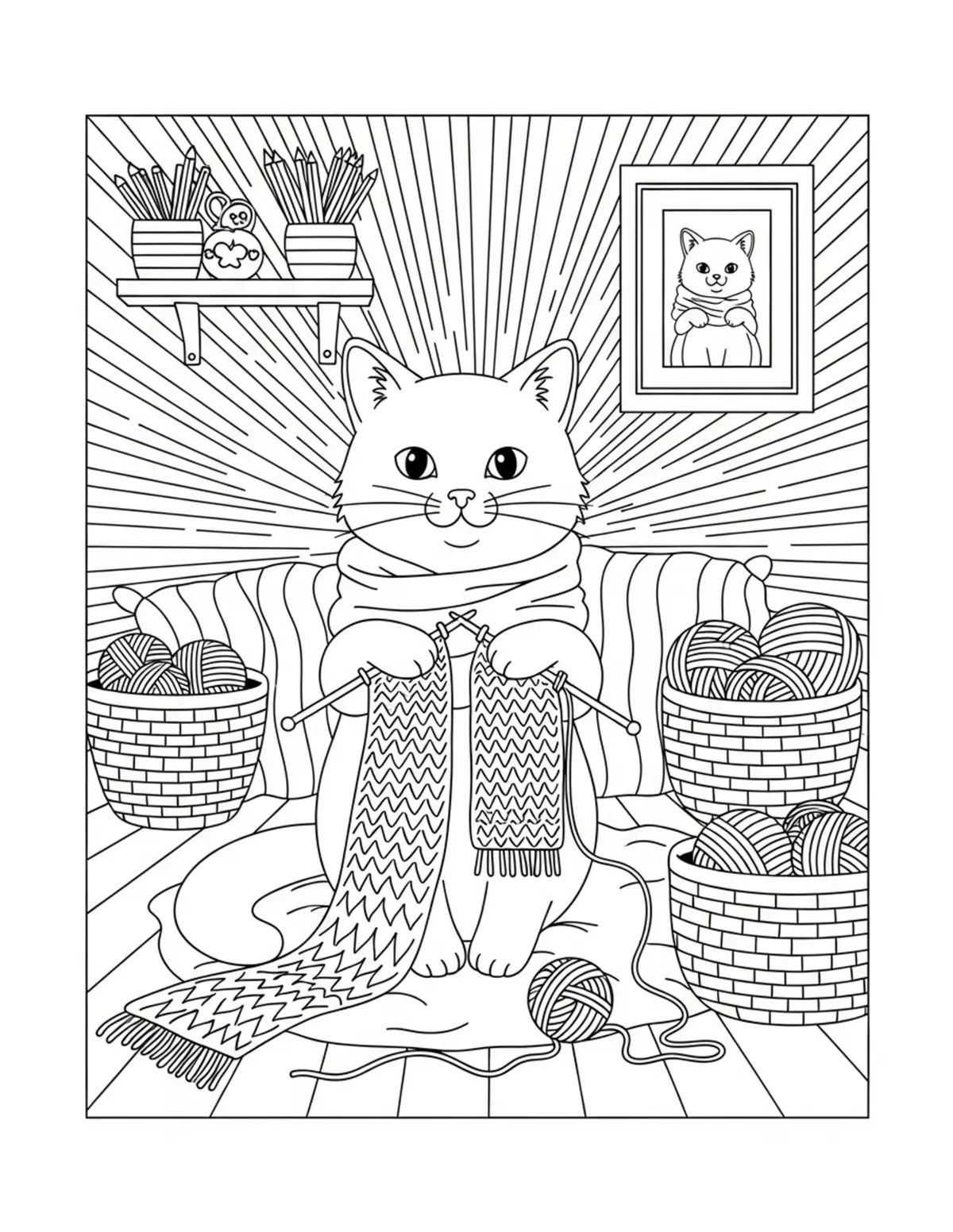 Cute Cat Knitting Room Colorin — free printable cozy coloring coloring page for kids and adults