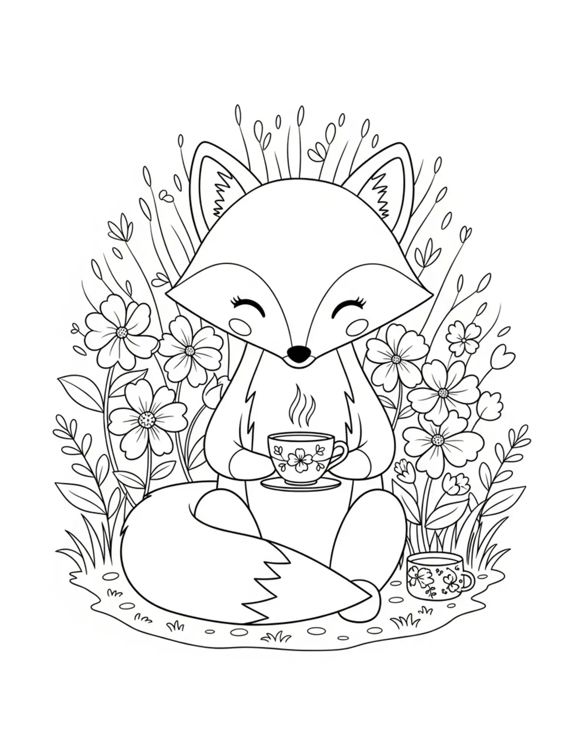 Cute Fox Tea Cottage — free printable cozy coloring coloring page for kids and adults