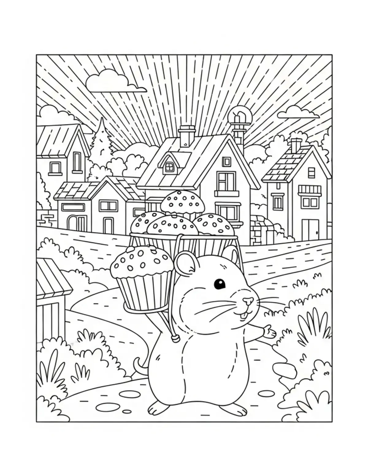 Hamster Carrying Muffins Throu Coloring Page - free printable JPG featuring adorable hamster baking