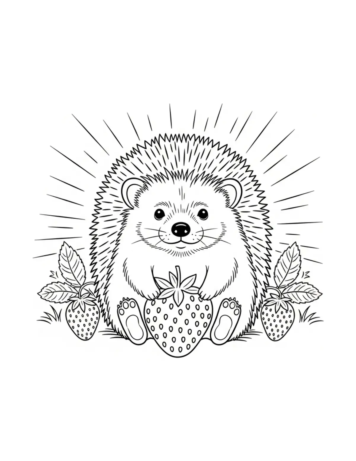 Free printable coloring page: hedgehog strawberry farm coloring page. Cute and cozy design for kids and adults to download and print.