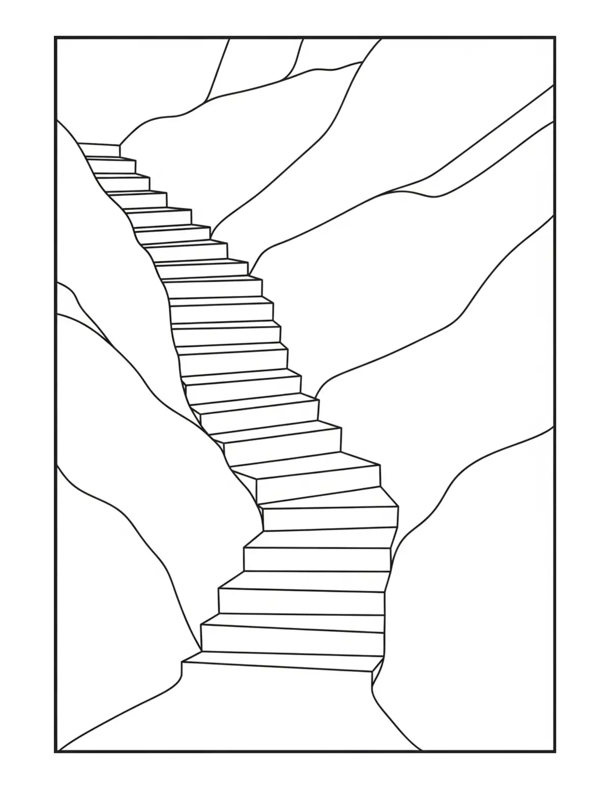 Free printable coloring page: hidden-woodland-stair-maze coloring page. Cute and cozy design for kids and adults to download and print.