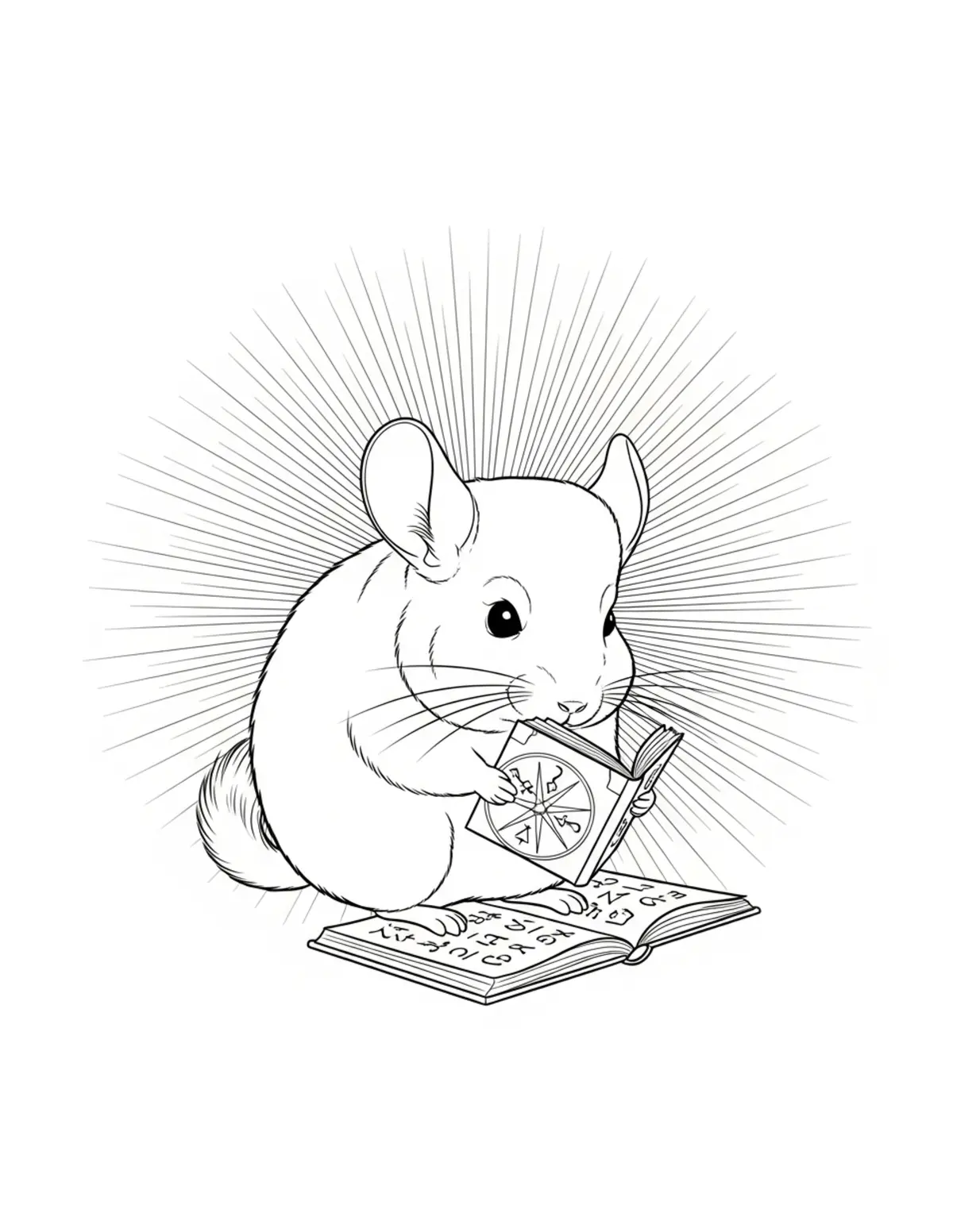 Free printable coloring page: little chinchilla studying mys coloring page. Cute and cozy tiny animal design for kids and adults to download and print.