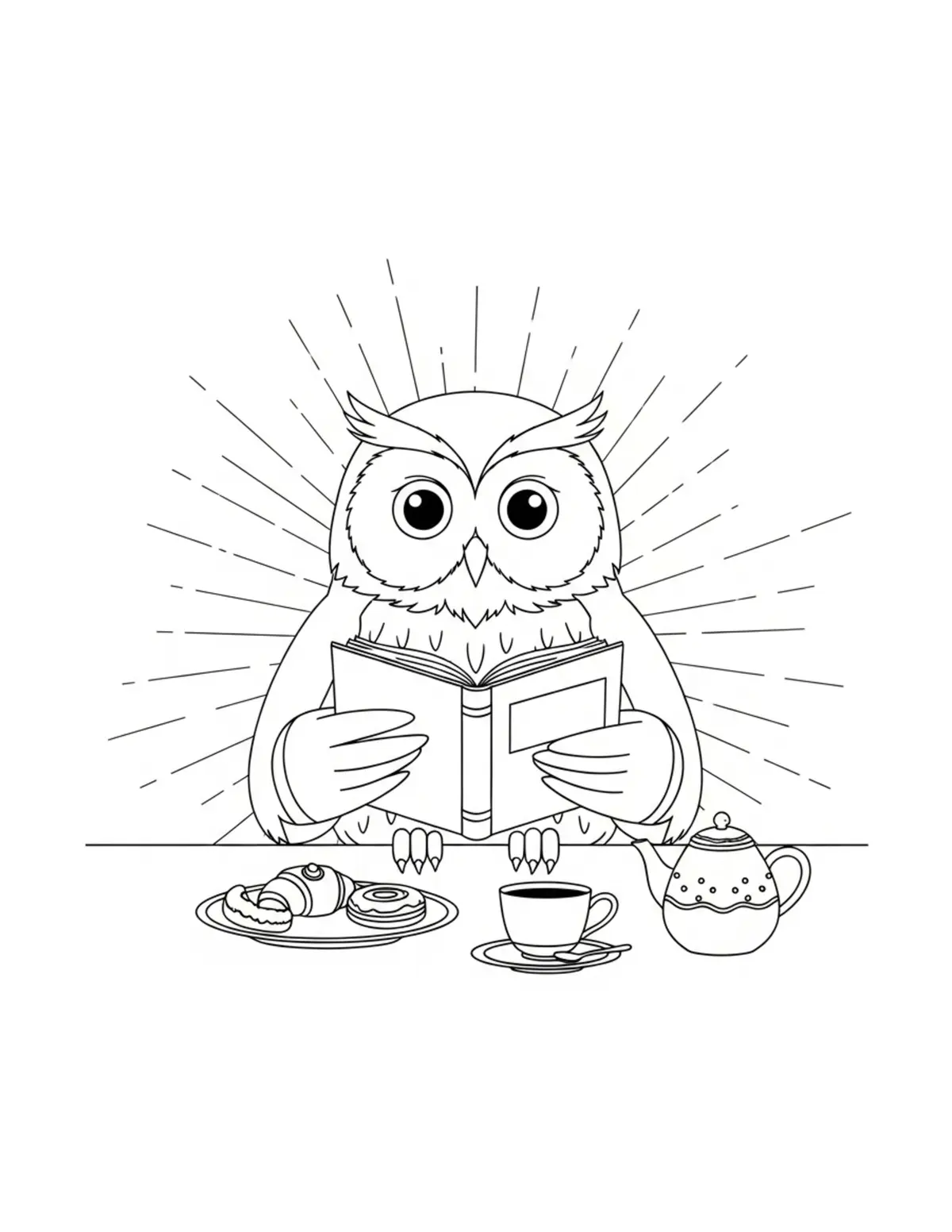 Owl Enjoying Tea And Pastries Coloring Page - free printable JPG featuring adorable owl reading scenes