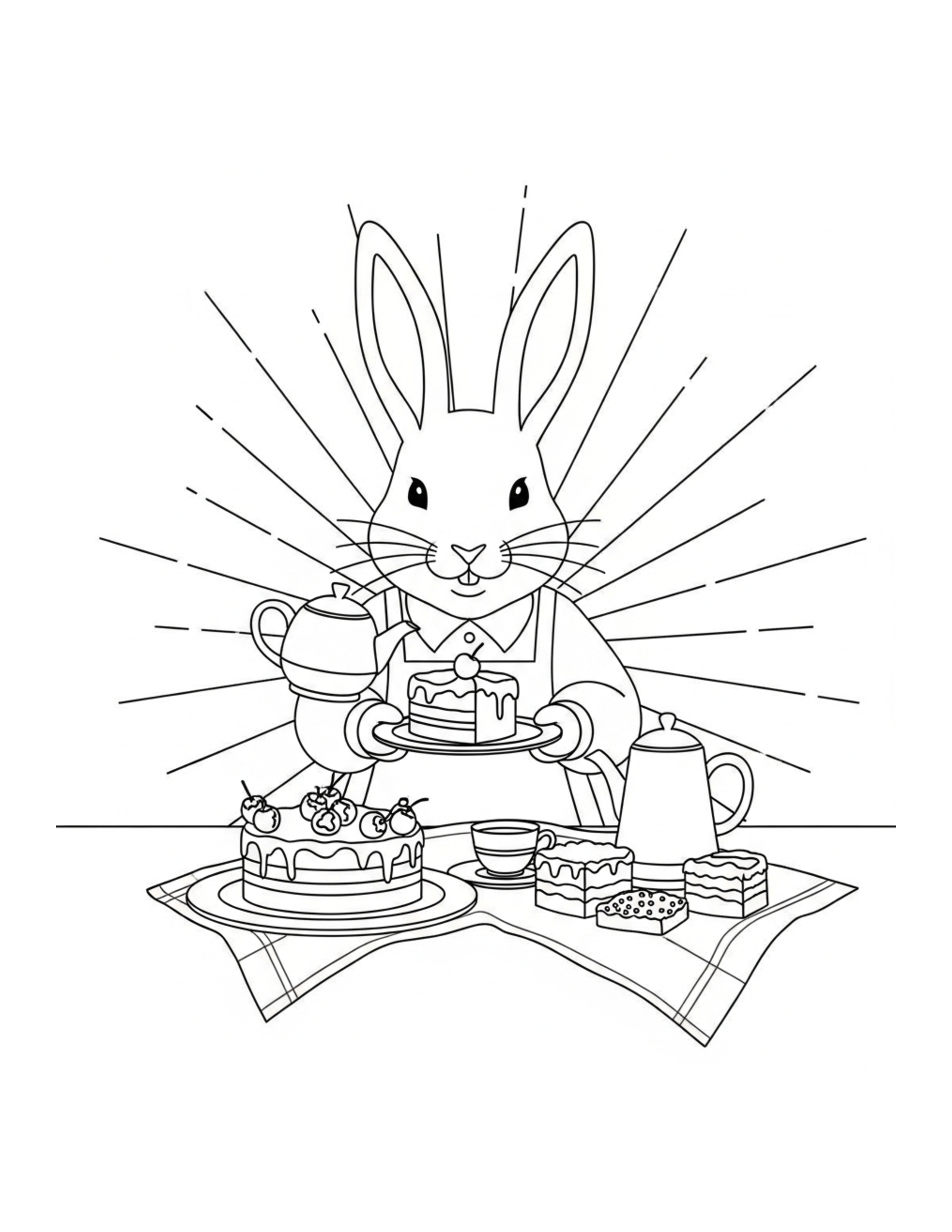 Rabbit Baking Cakes For A Tea Coloring Page - free printable JPG featuring adorable rabbit