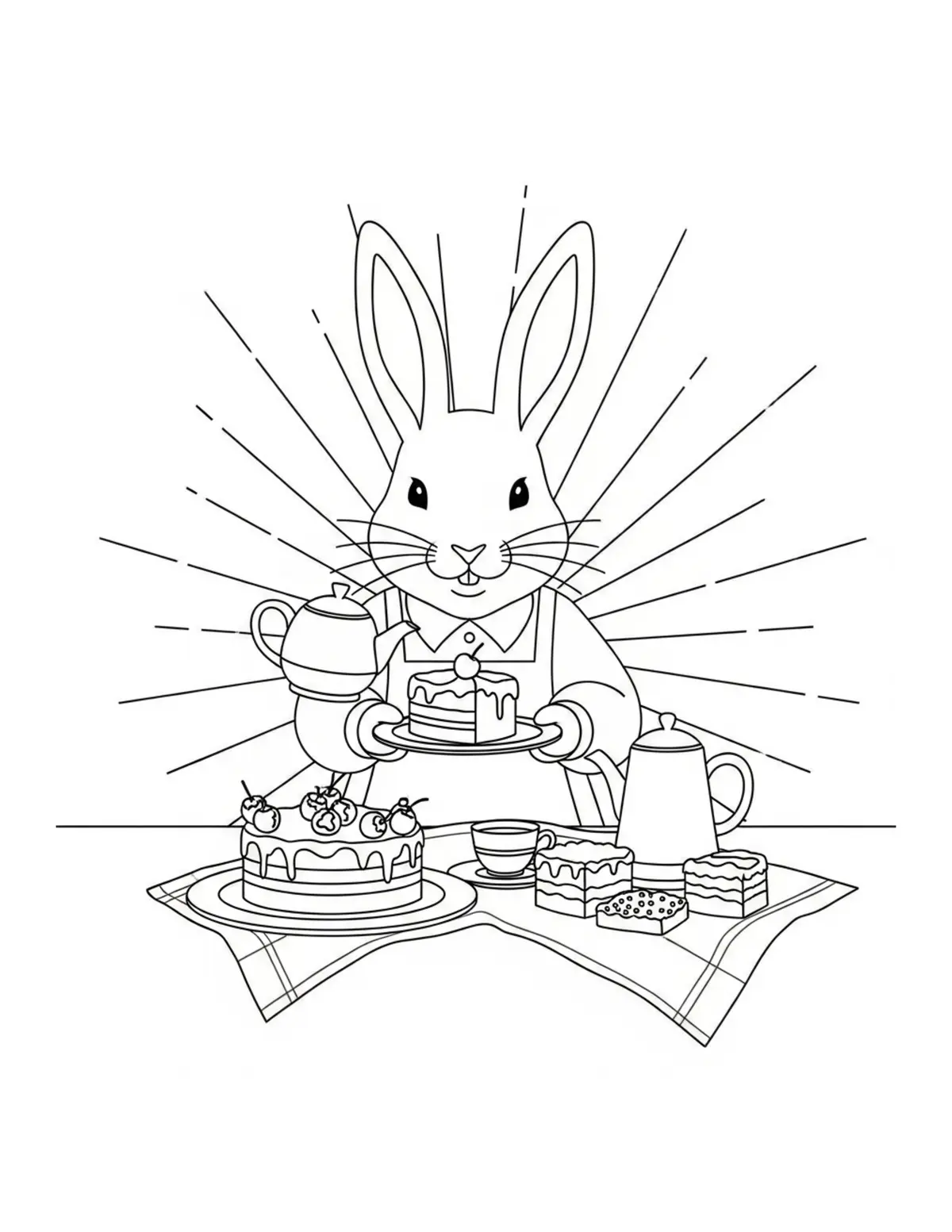 Rabbit Baking Cakes For A Tea Coloring Page - free printable JPG featuring adorable rabbit
