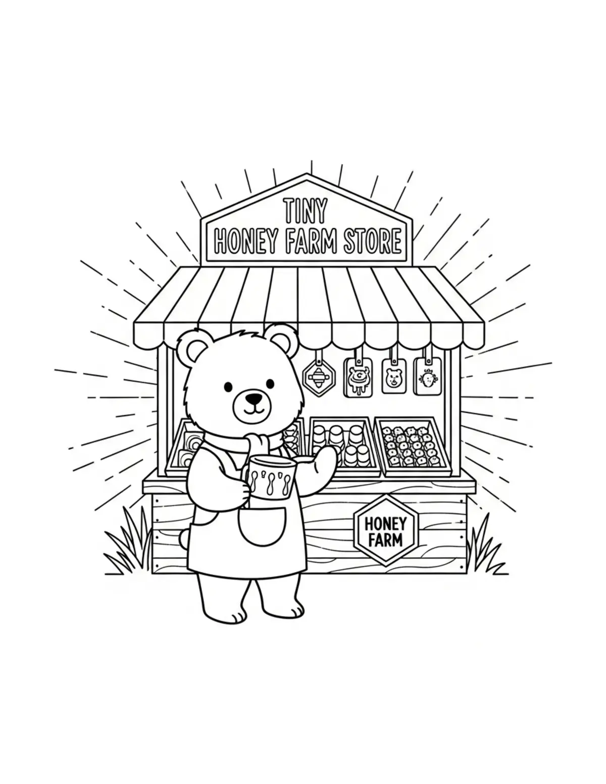 Free printable coloring page: tiny-bear-running-a-honey-farm coloring page. Cute and cozy design for kids and adults to download and print.