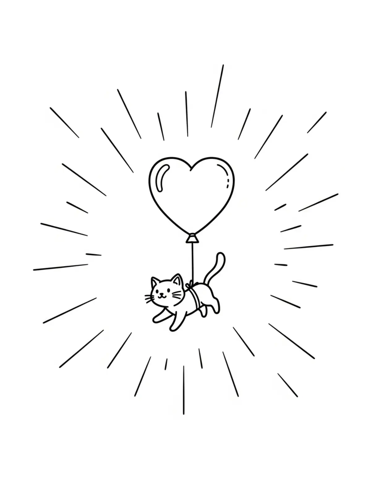 Free printable coloring page: tiny-cat-flying-a-heart-shaped coloring page. Cute and cozy design for kids and adults to download and print.