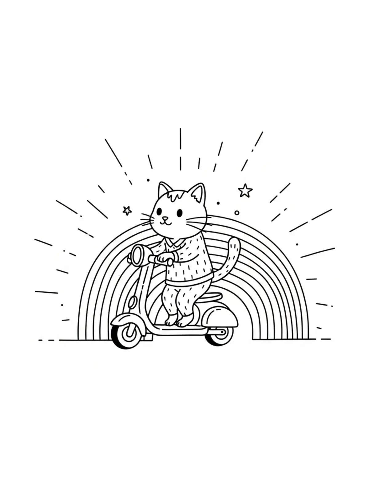 Free printable coloring page: tiny-cat-riding-a-rainbow-scoo coloring page. Cute and cozy design for kids and adults to download and print.