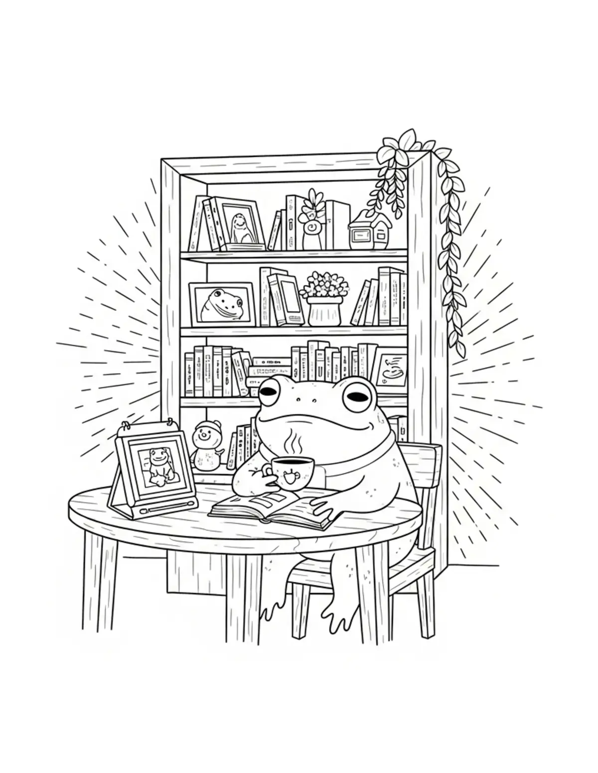 Free printable coloring page: tiny-frog-operating-a-cozy-boo coloring page. Cute and cozy design for kids and adults to download and print.