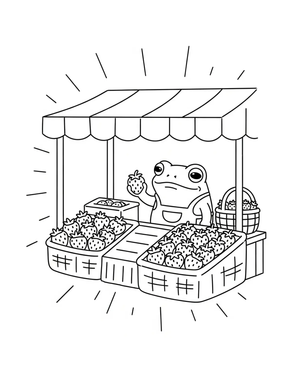 Free printable coloring page: tiny-frog-selling-fresh-strawb coloring page. Cute and cozy design for kids and adults to download and print.