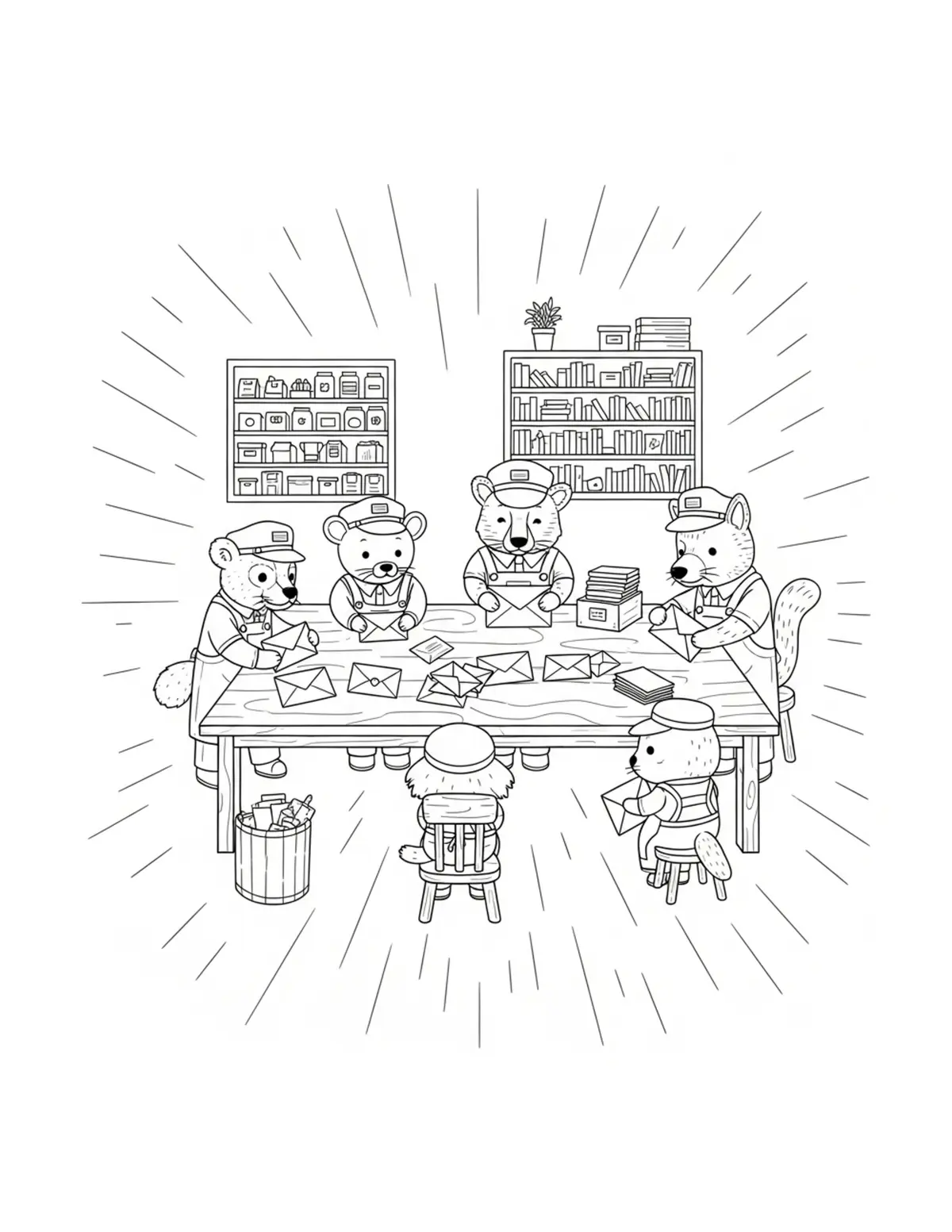 Tiny Animal Postal Workers Sor Coloring Page - free printable JPG featuring adorable tiny animal village scene