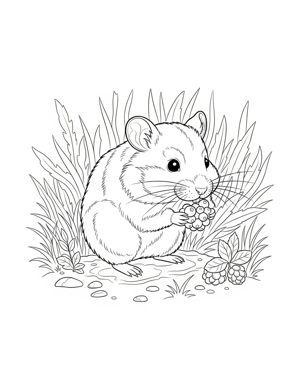 Tiny Hamster Collecting Berrie Coloring Page - free printable JPG featuring adorable tiny animal village scene