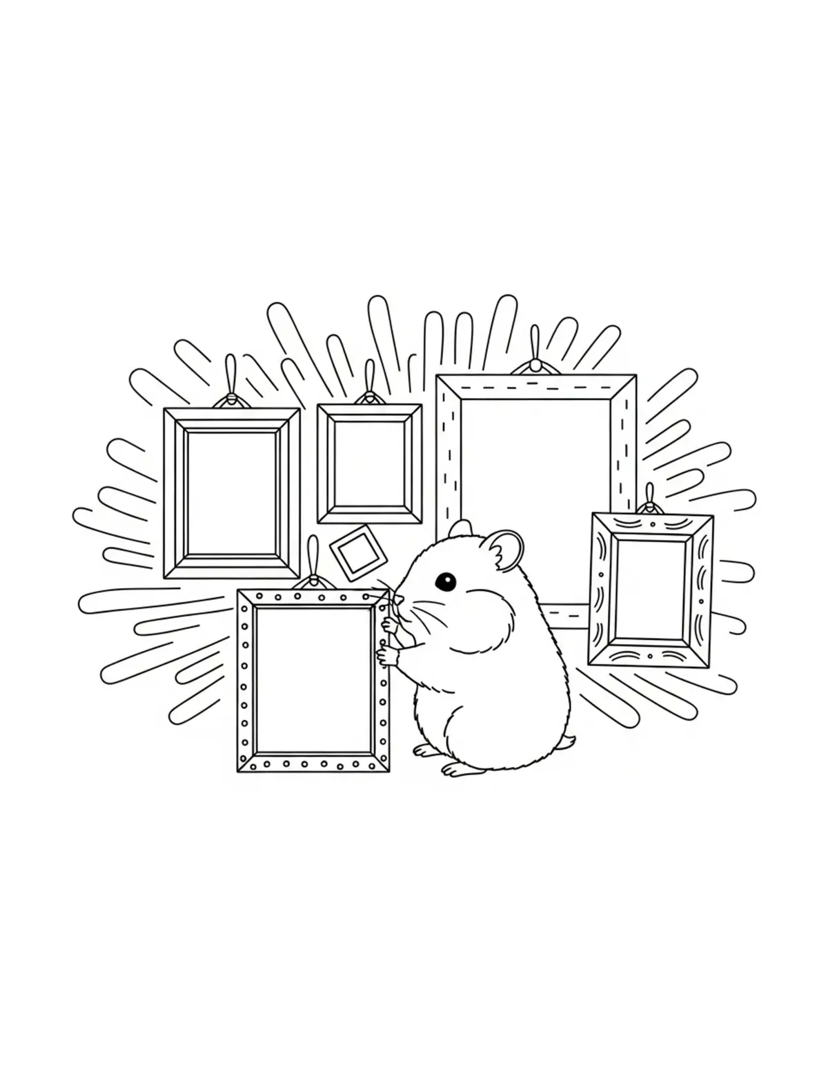 Tiny Hamster Decorating Handma Coloring Page - free printable JPG featuring adorable tiny animal village scene