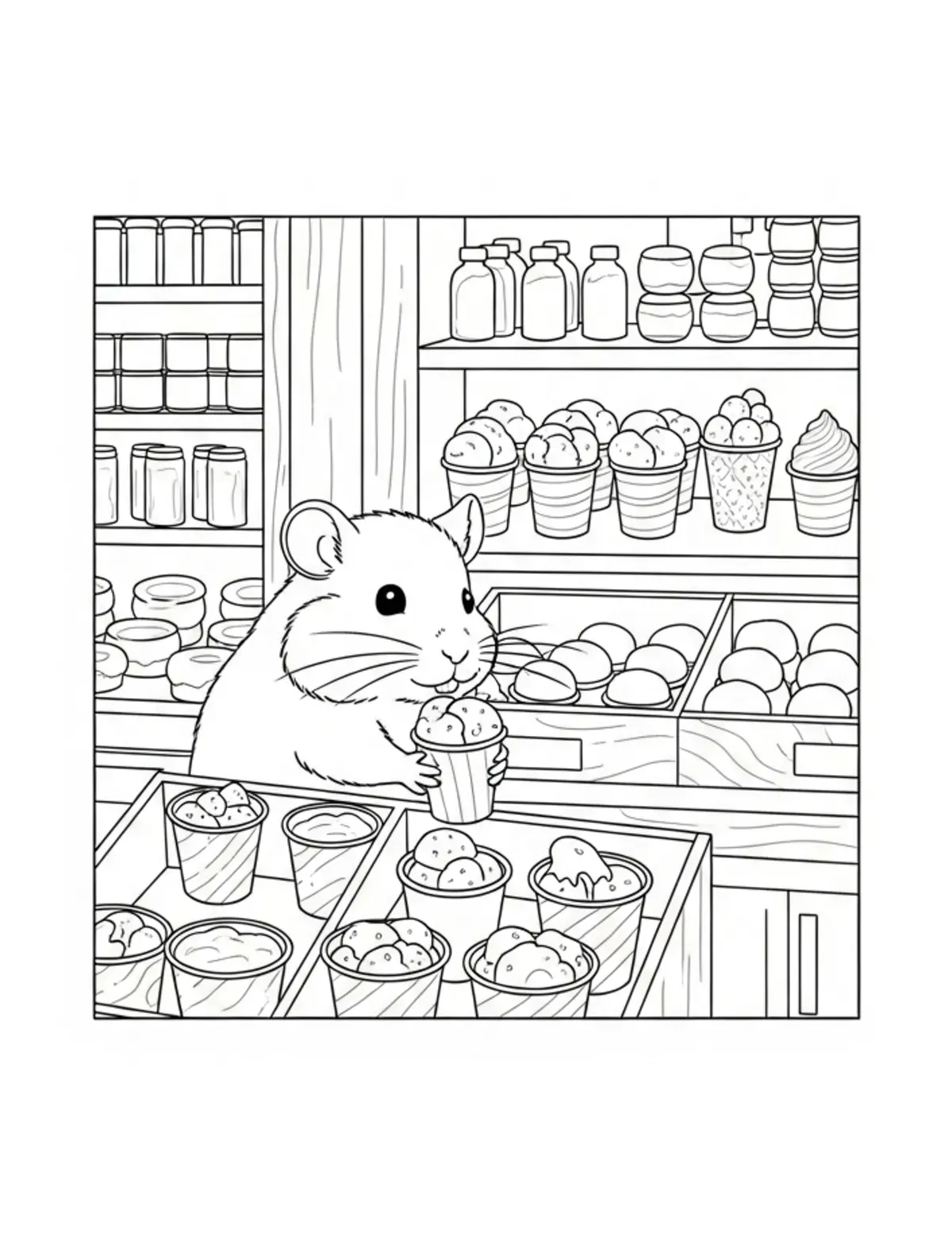 Tiny Hamster Organizing Ice Cr Coloring Page - free printable JPG featuring adorable tiny animal village scene