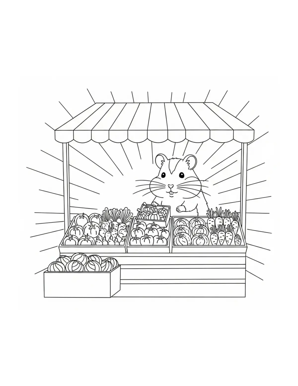 Tiny Hamster Stocking A Market Coloring Page - free printable JPG featuring adorable tiny animal village scene
