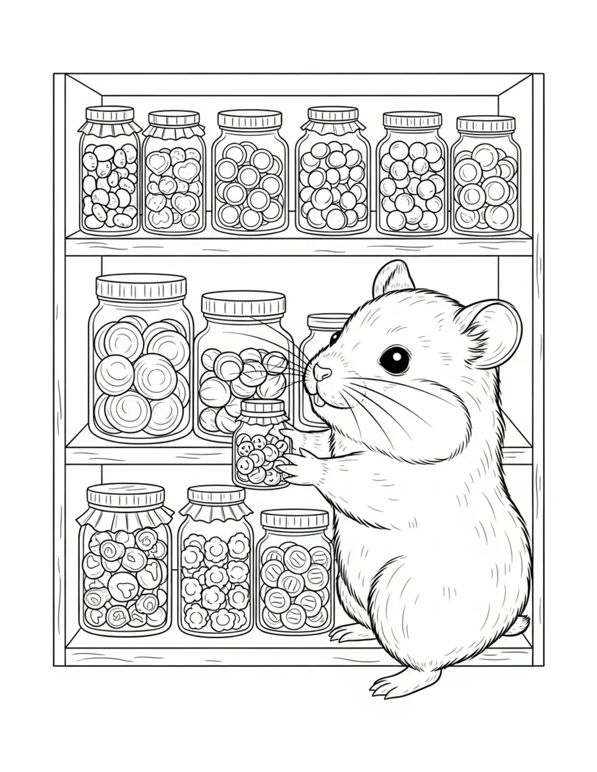 Tiny Hamster Stocking Shelves  Coloring Page - free printable JPG featuring adorable tiny animal village scene