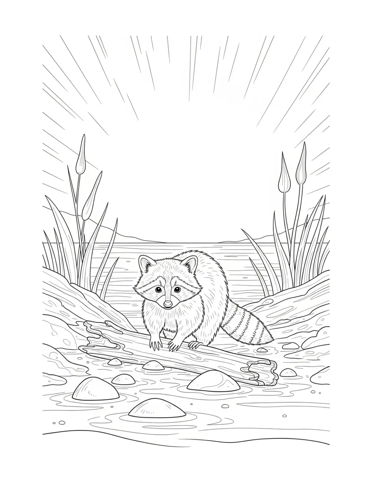 Tiny Raccoon Collecting Driftwood coloring page - free printable JPG featuring adorable woodland animals