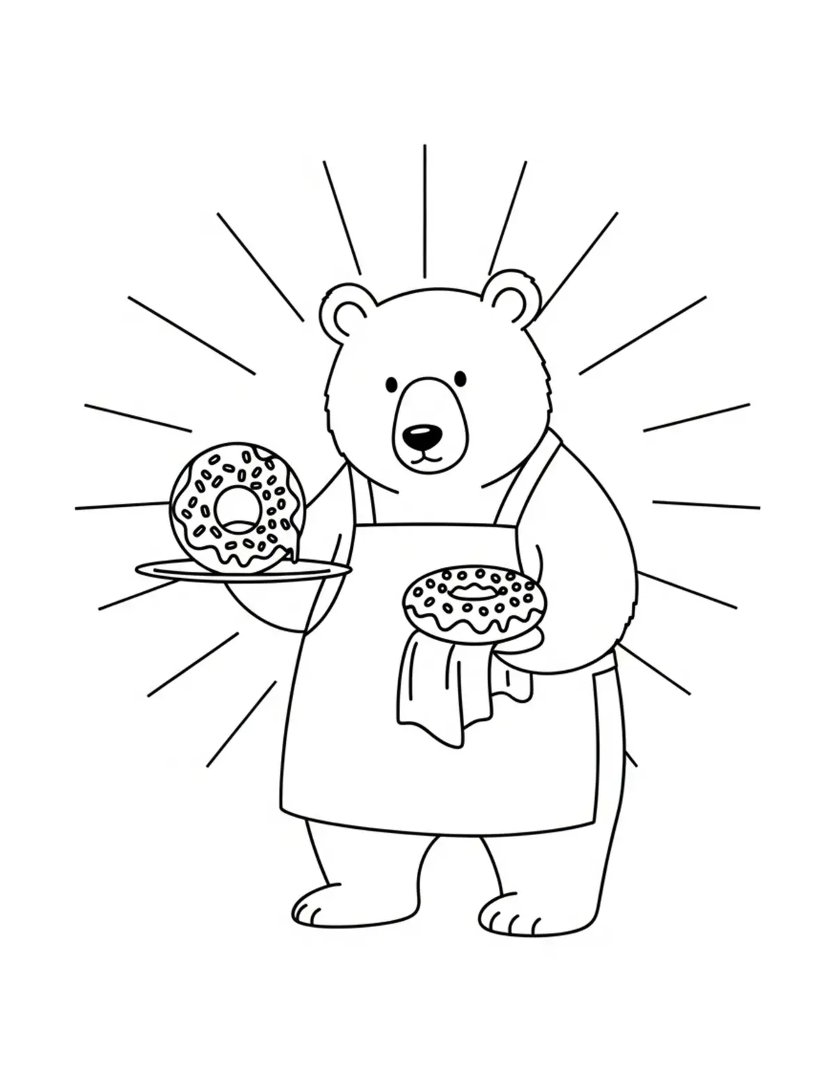 Free printable coloring page: bear-making-donuts coloring page. Cute and cozy design for kids and adults to download and print.
