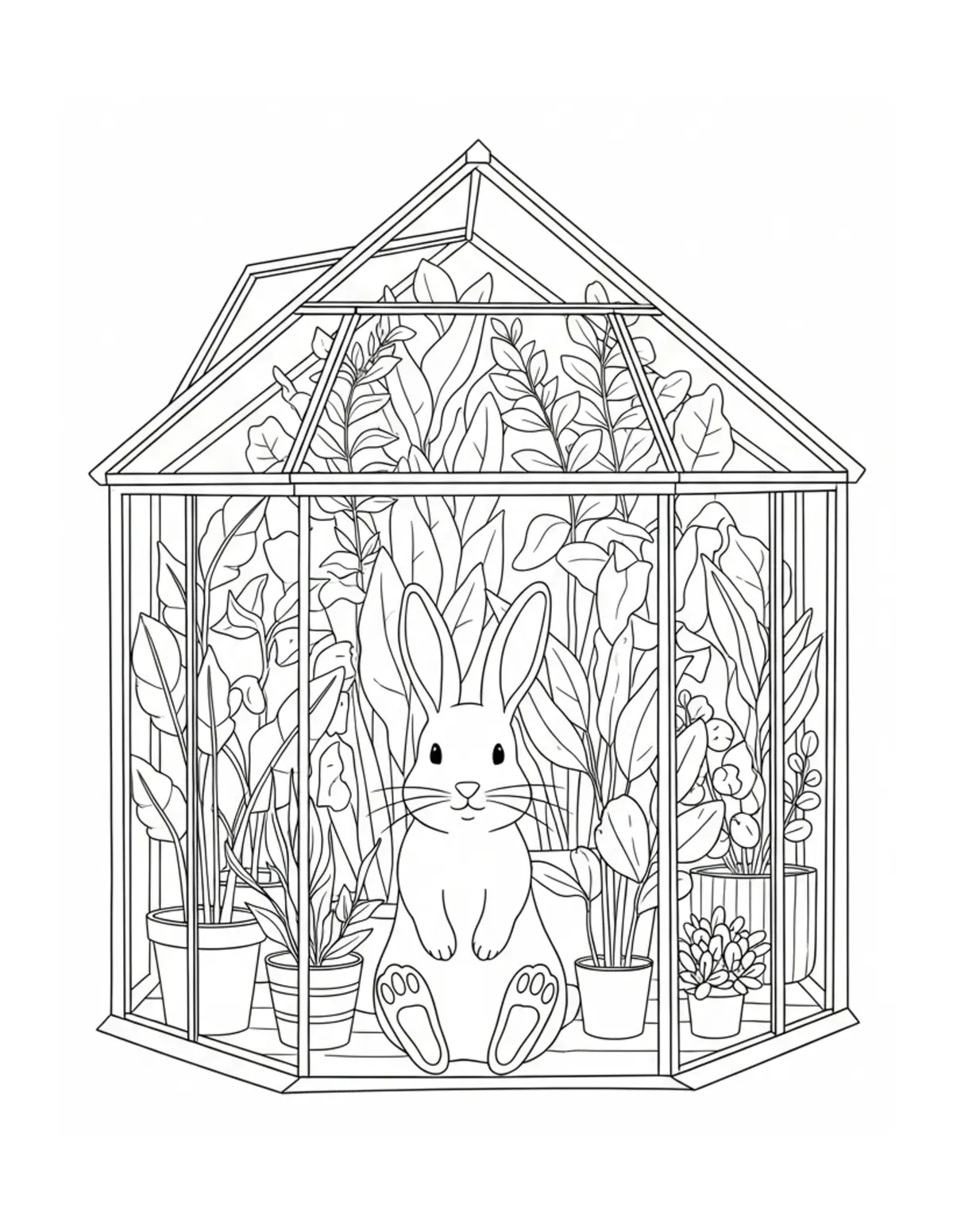 Free printable coloring page: bunny greenhouse full of plant coloring page. Cute and cozy design for kids and adults to download and print.