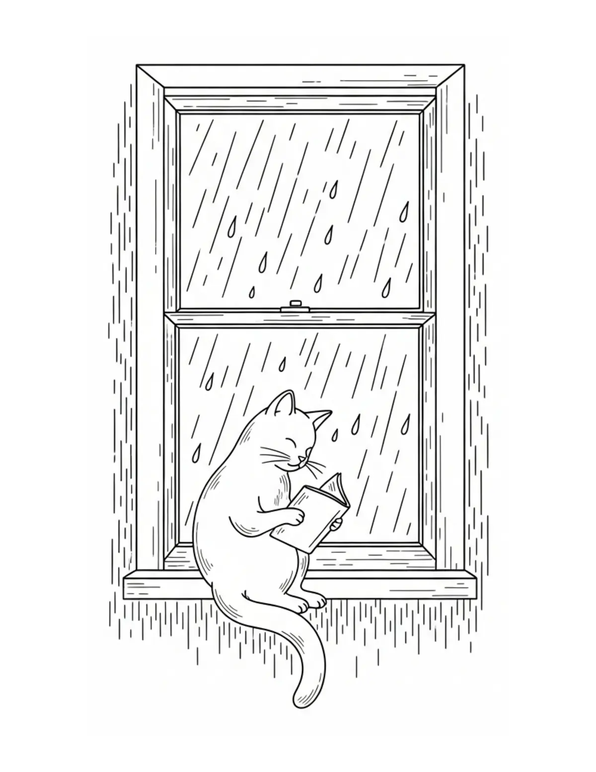 Cat Reading Under Rainy Window — free printable cozy coloring coloring page for kids and adults