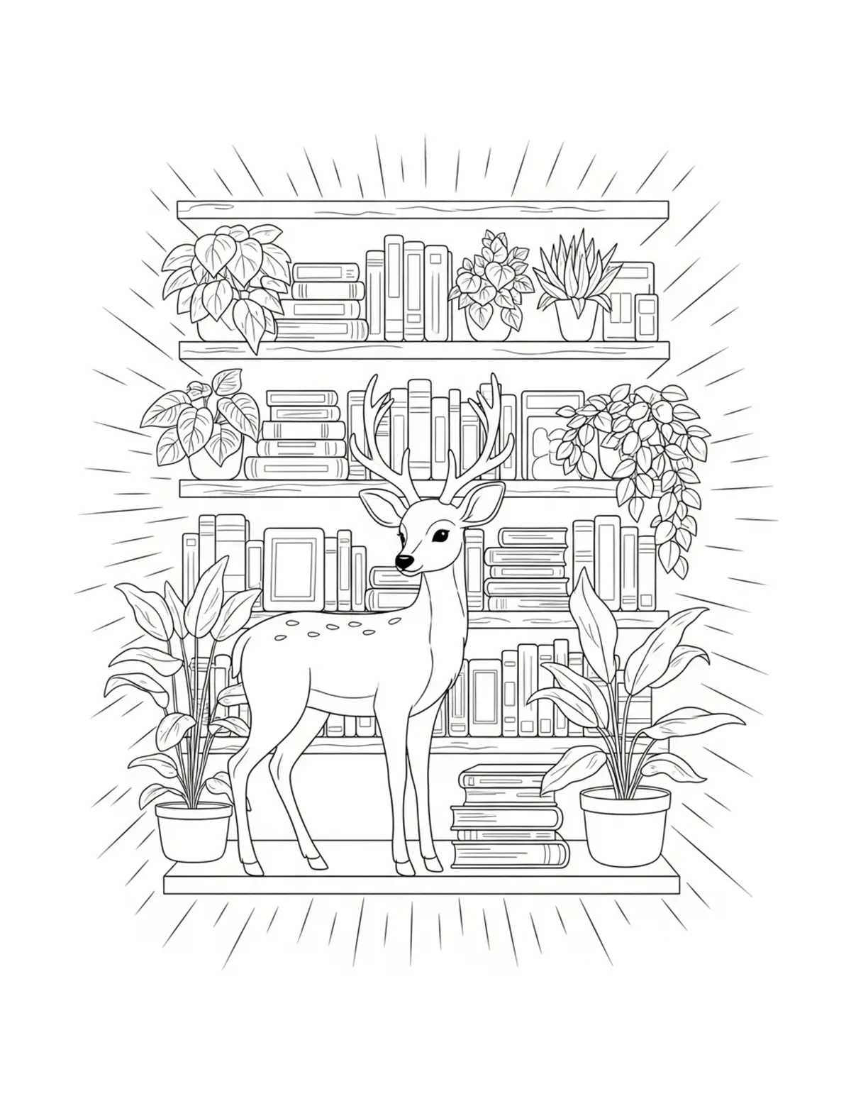 Free printable coloring page: cute deer browsing books in wo coloring page. Cute and cozy animal design for kids and adults to download and print.