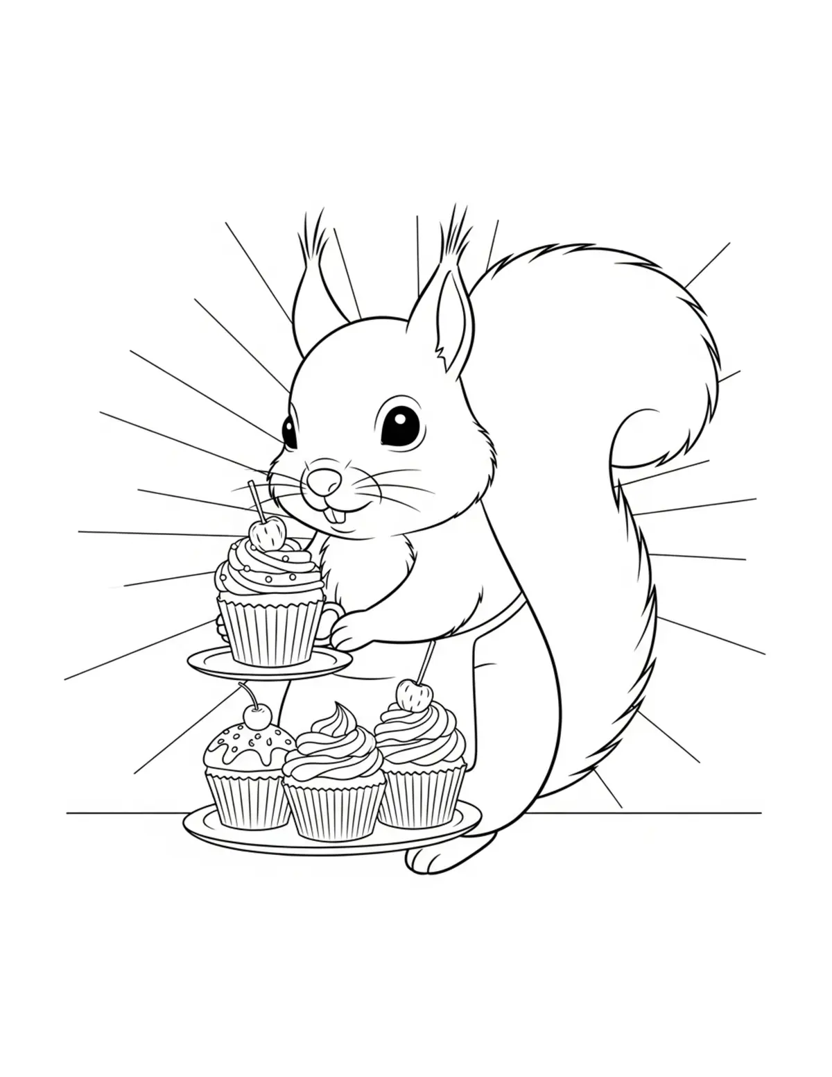 Free printable coloring page: squirrel baking cupcakes coloring page. Cute and cozy design for kids and adults to download and print.