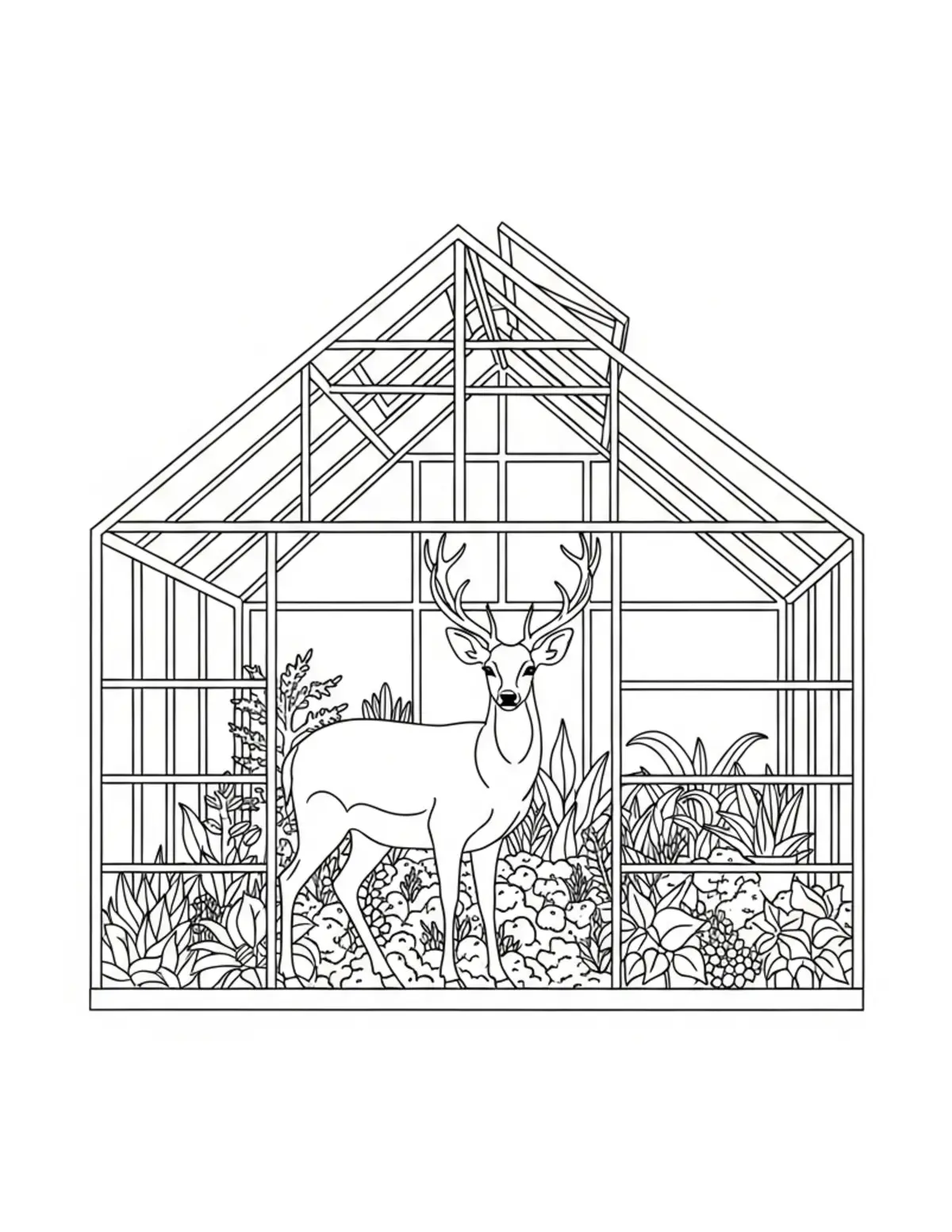 Free printable coloring page: deer greenhouse garden coloring page. Cute and cozy deer cottage design for kids and adults to download and print.