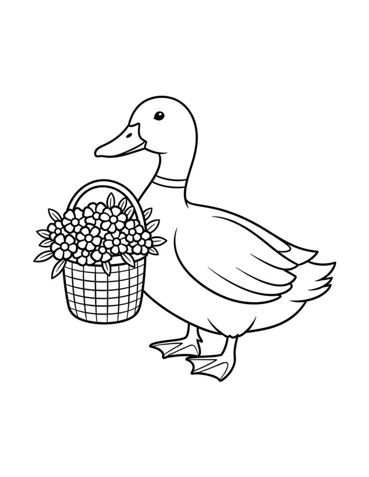 Duck Carrying Basket Of Flower Coloring Page - free printable JPG featuring adorable duck scenes