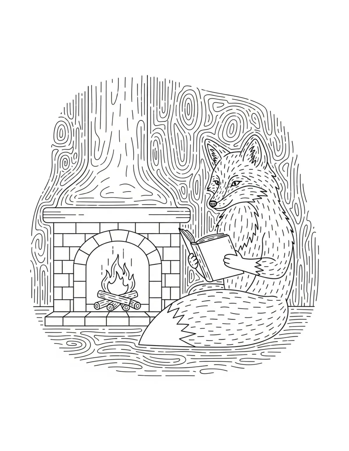 Free printable coloring page: fox reading by fireplace coloring page. Cute and cozy bookstore and reading design for kids and adults to download and print.