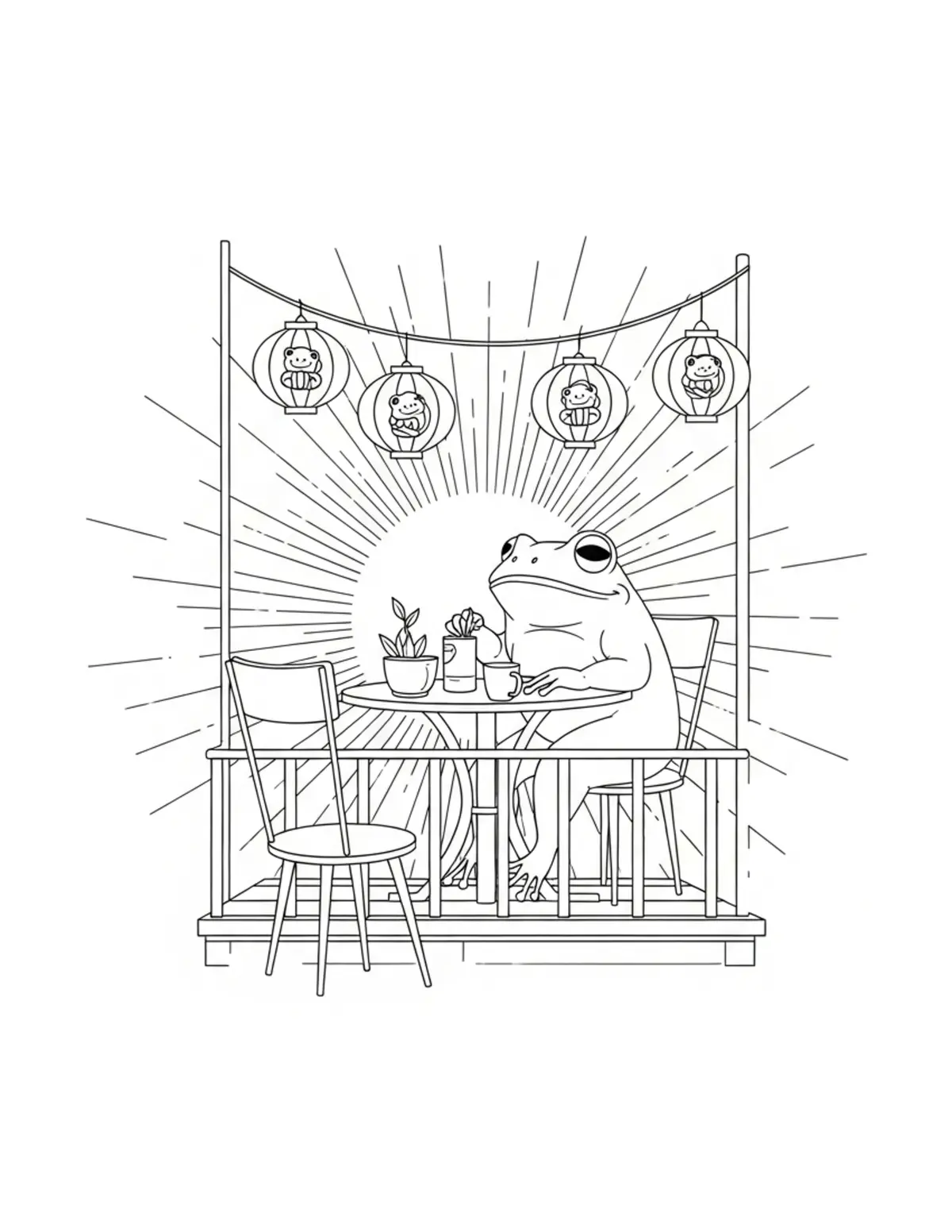 Free printable coloring page: frog cafe terrace with lantern coloring page. Cute and cozy design for kids and adults to download and print.