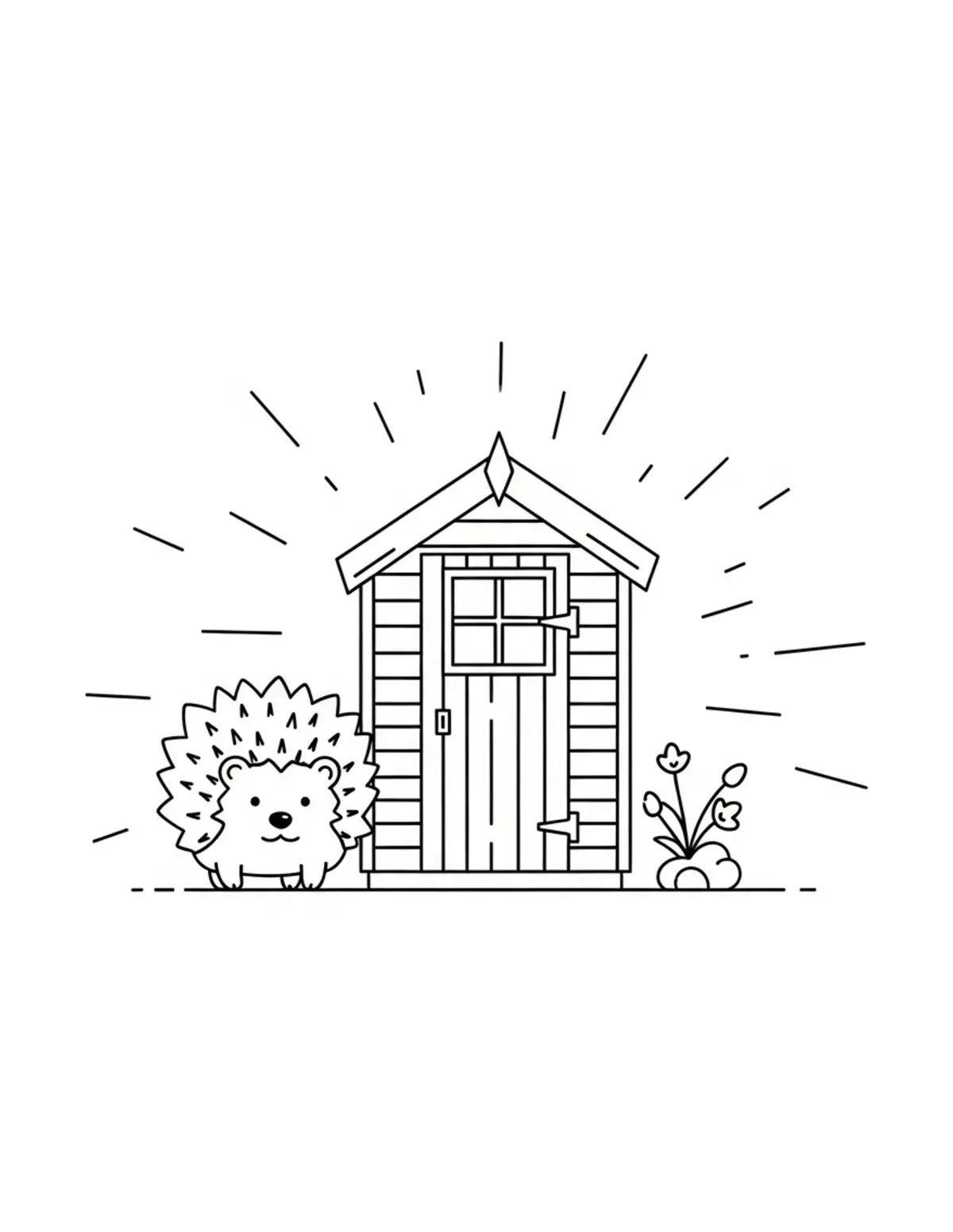 Free printable coloring page: hedgehog garden shed coloring page. Cute and cozy hedgehog garden design for kids and adults to download and print.