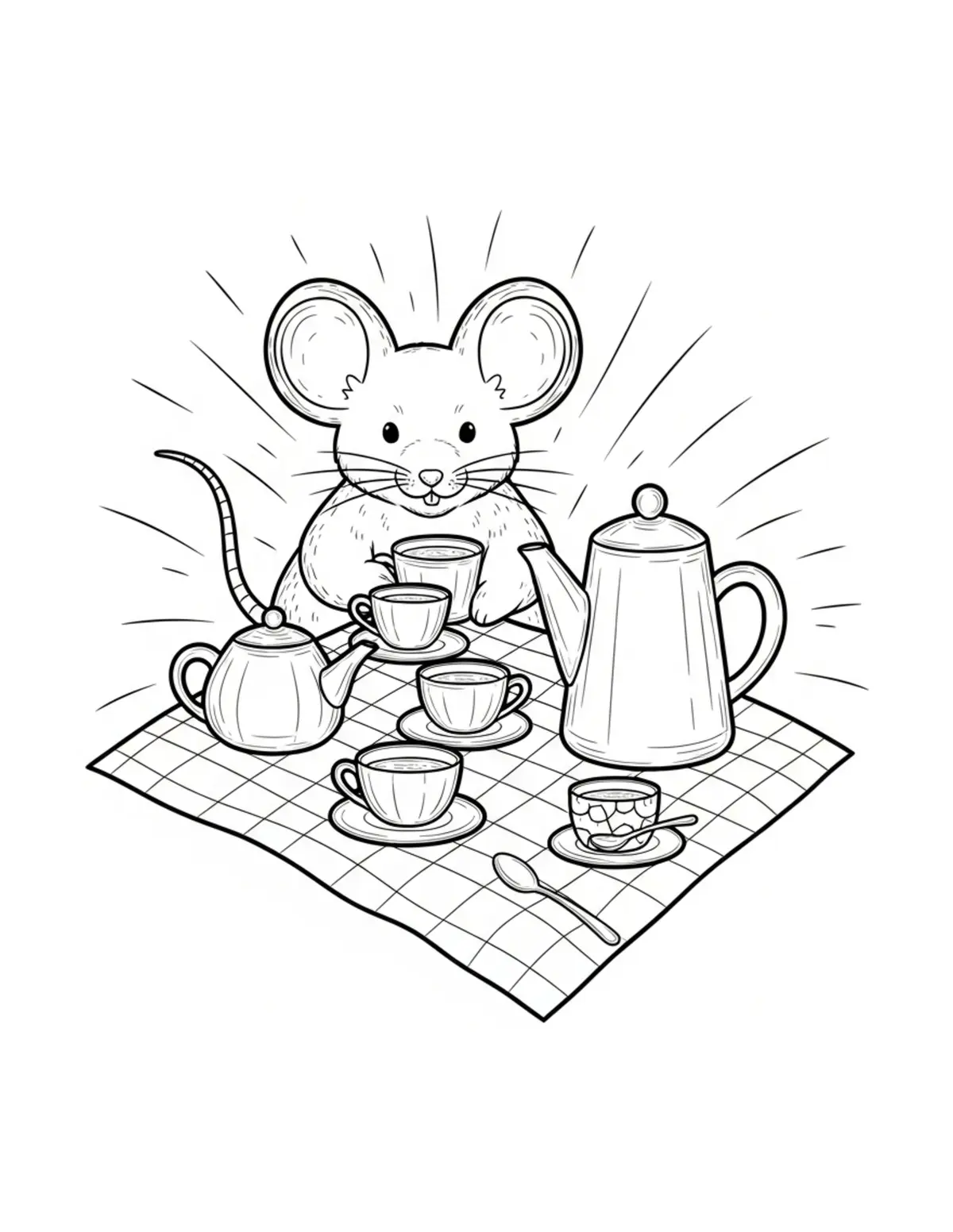 Free printable coloring page: mouse picnic tea party coloring page. Cute and cozy mouse tea party design for kids and adults to download and print.