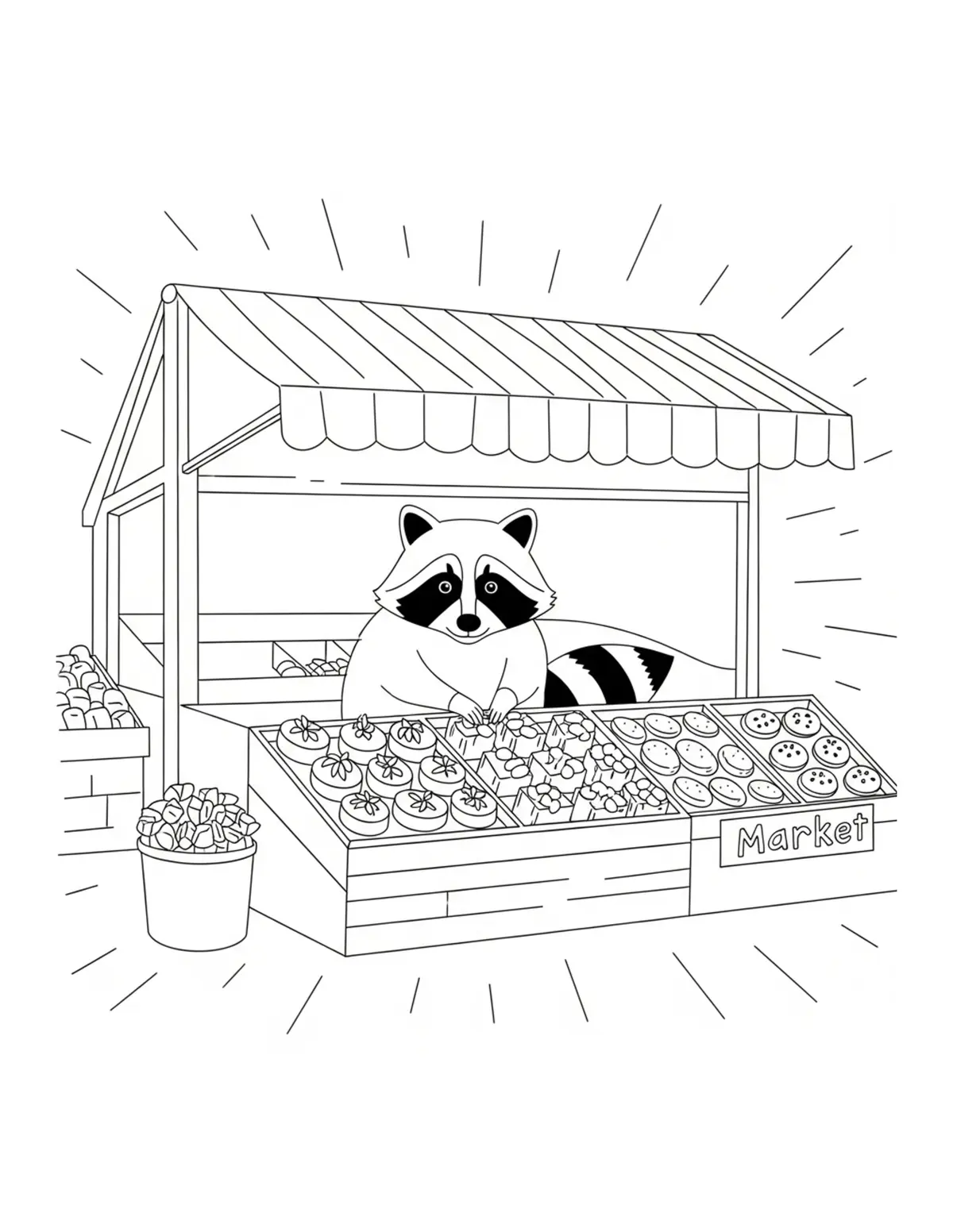 Raccoon Market Street coloring page - free printable JPG featuring adorable raccoons at a market