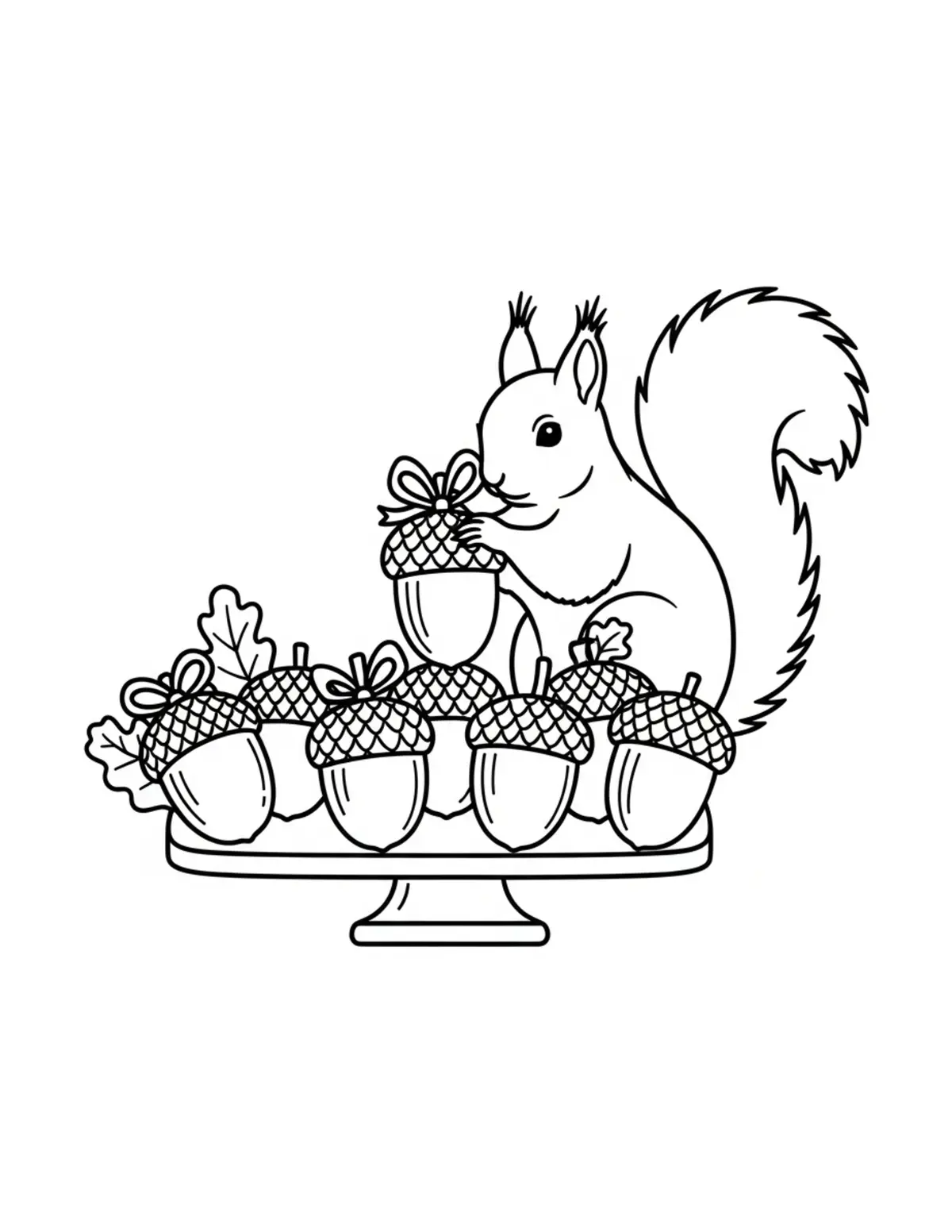 Squirrel Decorating Acorn Display coloring page - free printable JPG featuring adorable squirrels in a woodland scene