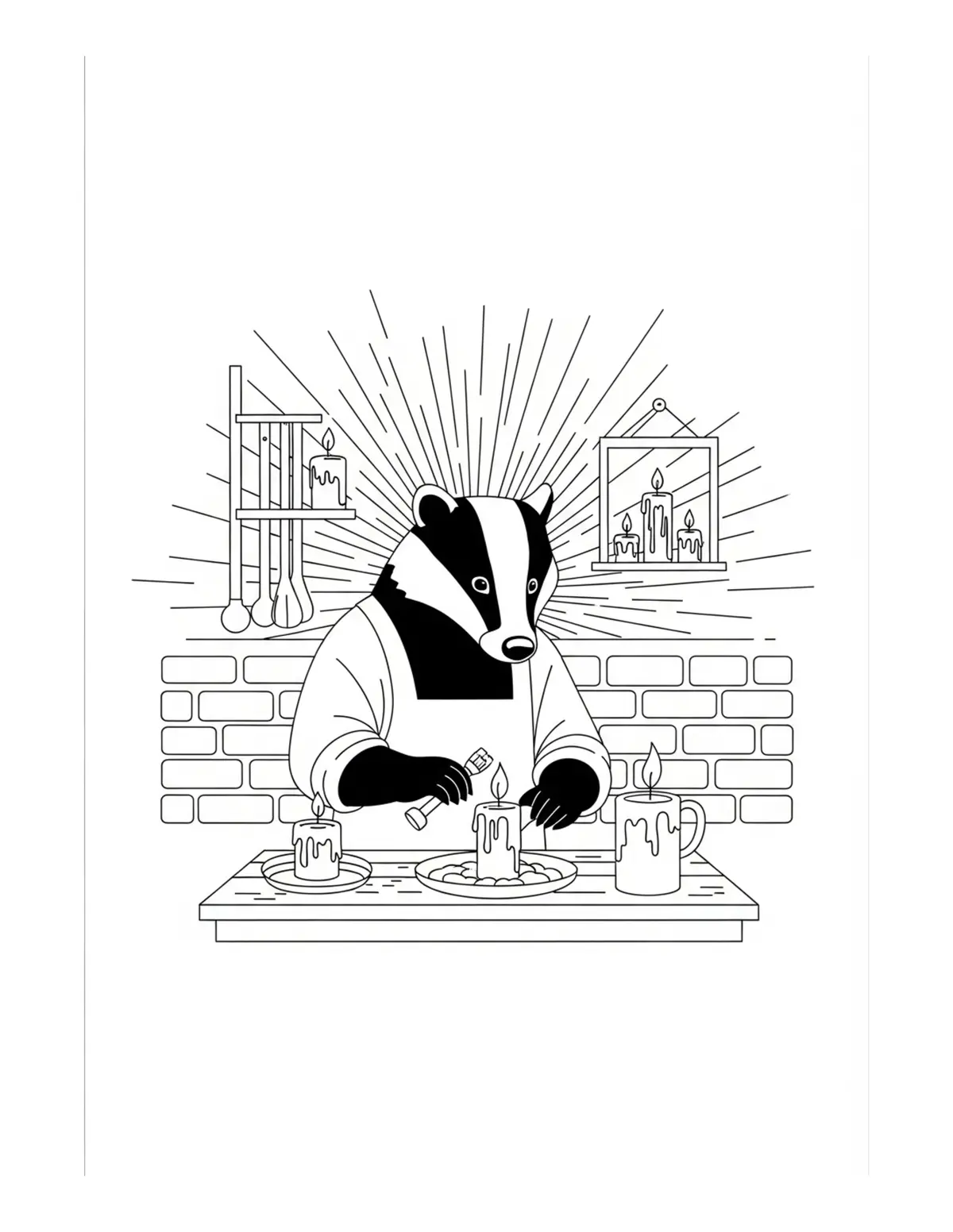 Badger Making Candles in a Bri Coloring Page - free printable JPG featuring adorable woodland animals